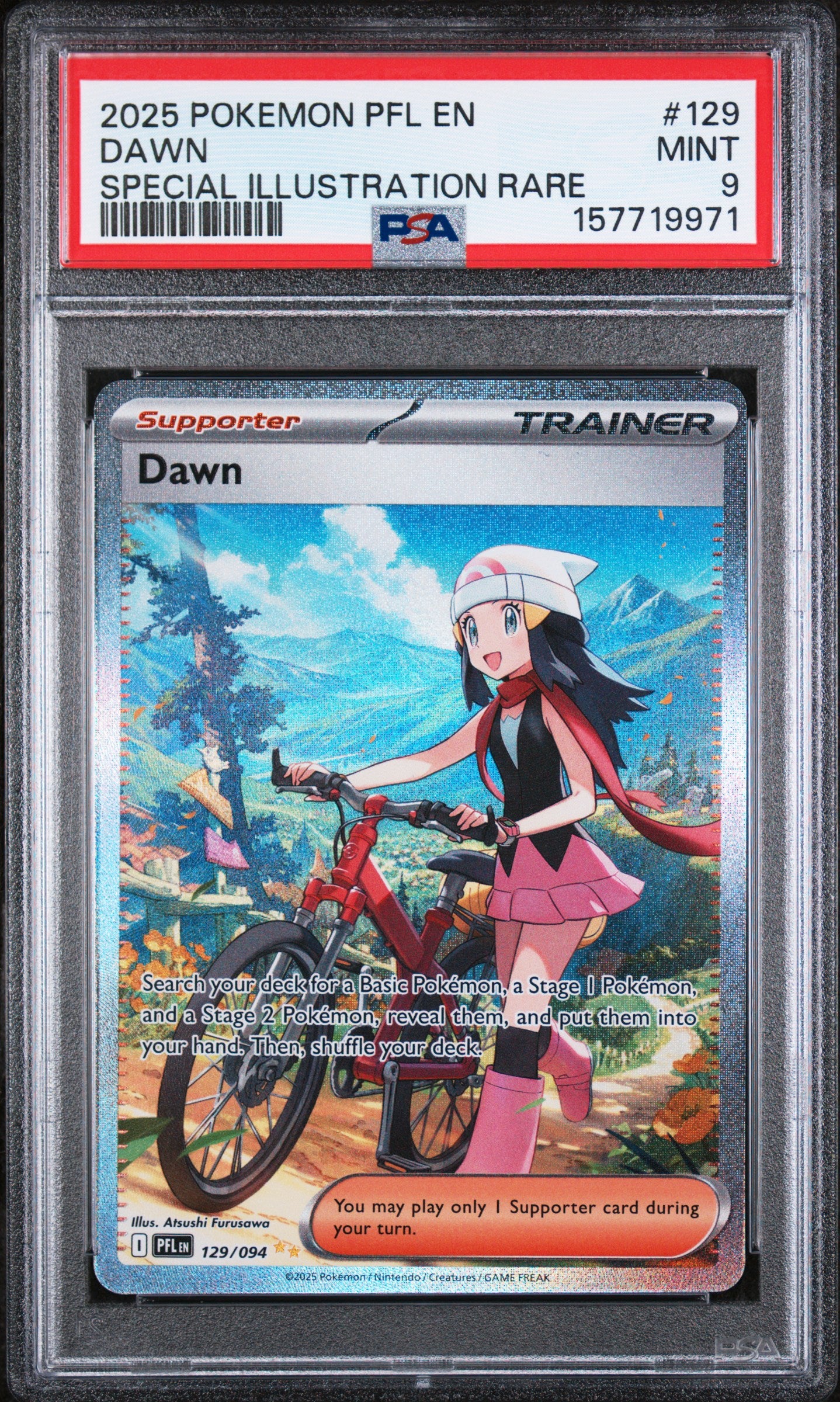 2025 Pokemon Pfl En-Phantasmal Flames #129 Dawn Special Illustration Rare PSA 9
