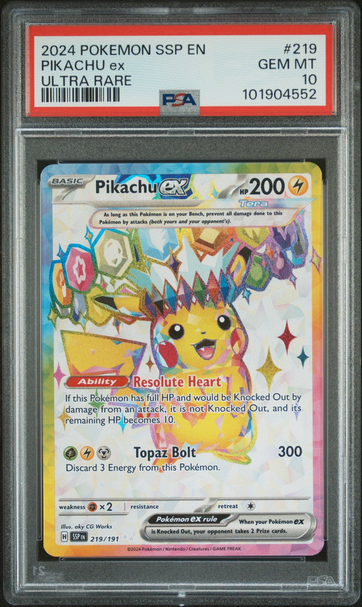 2024 Pokemon Ssp En-Surging Sparks #219 Pikachu Ex Ultra Rare PSA 10