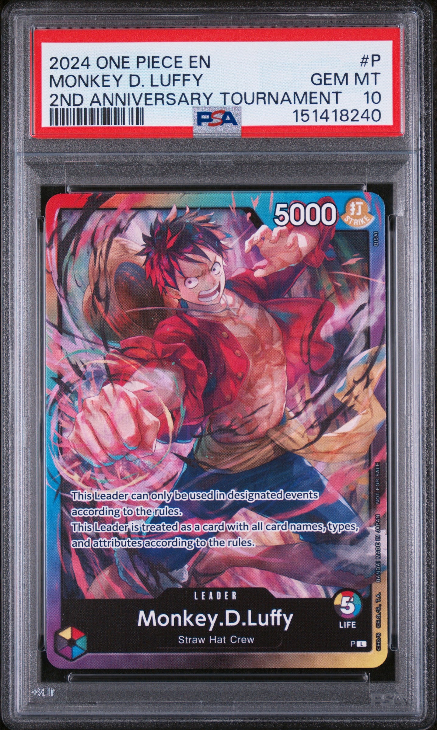 2024 One Piece Promos #P Monkey D. Luffy 2nd Anniversary Tournament PSA 10