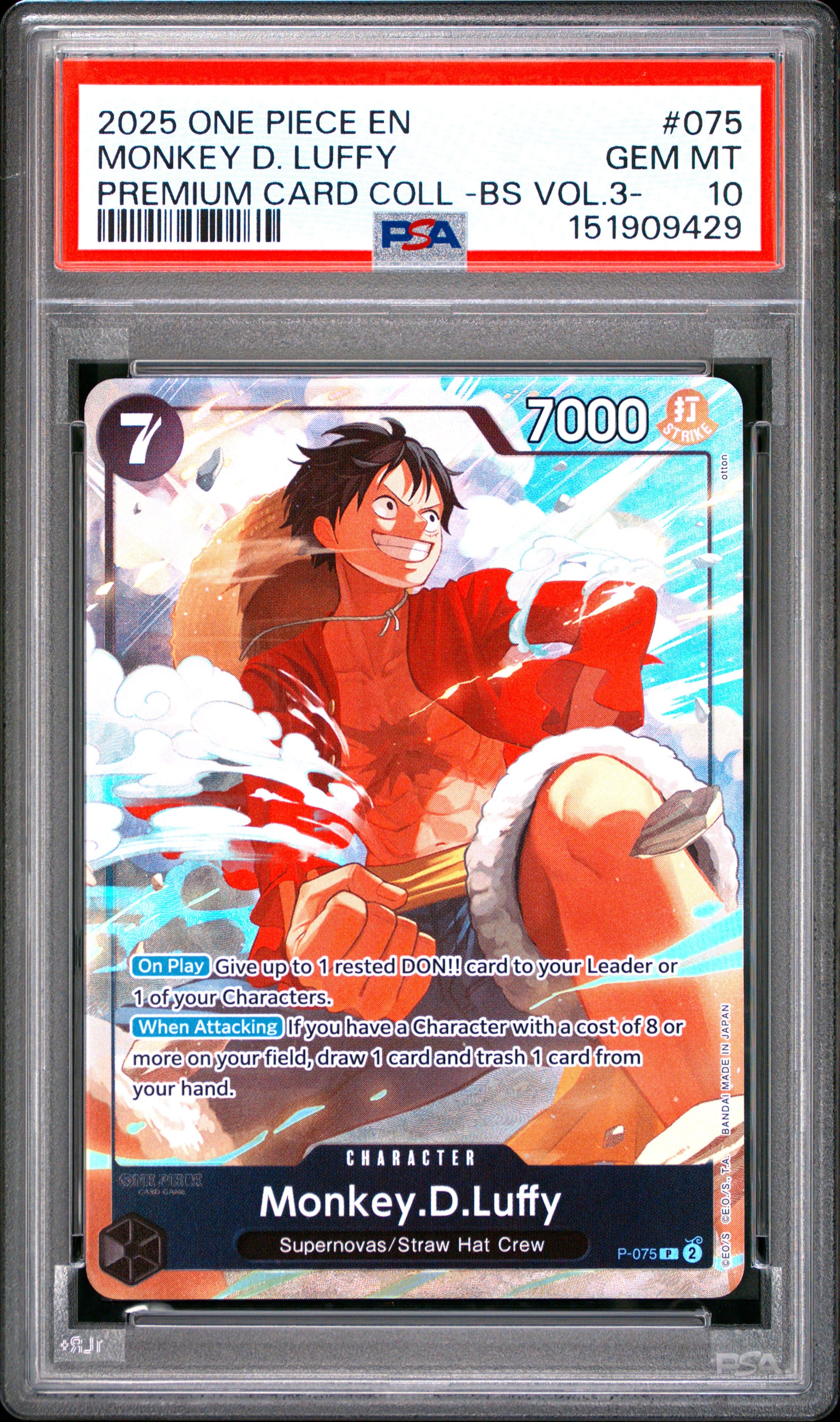 2025 One Piece  -Best Selection Vol.3- #075 Monkey D. Luffy PSA 10