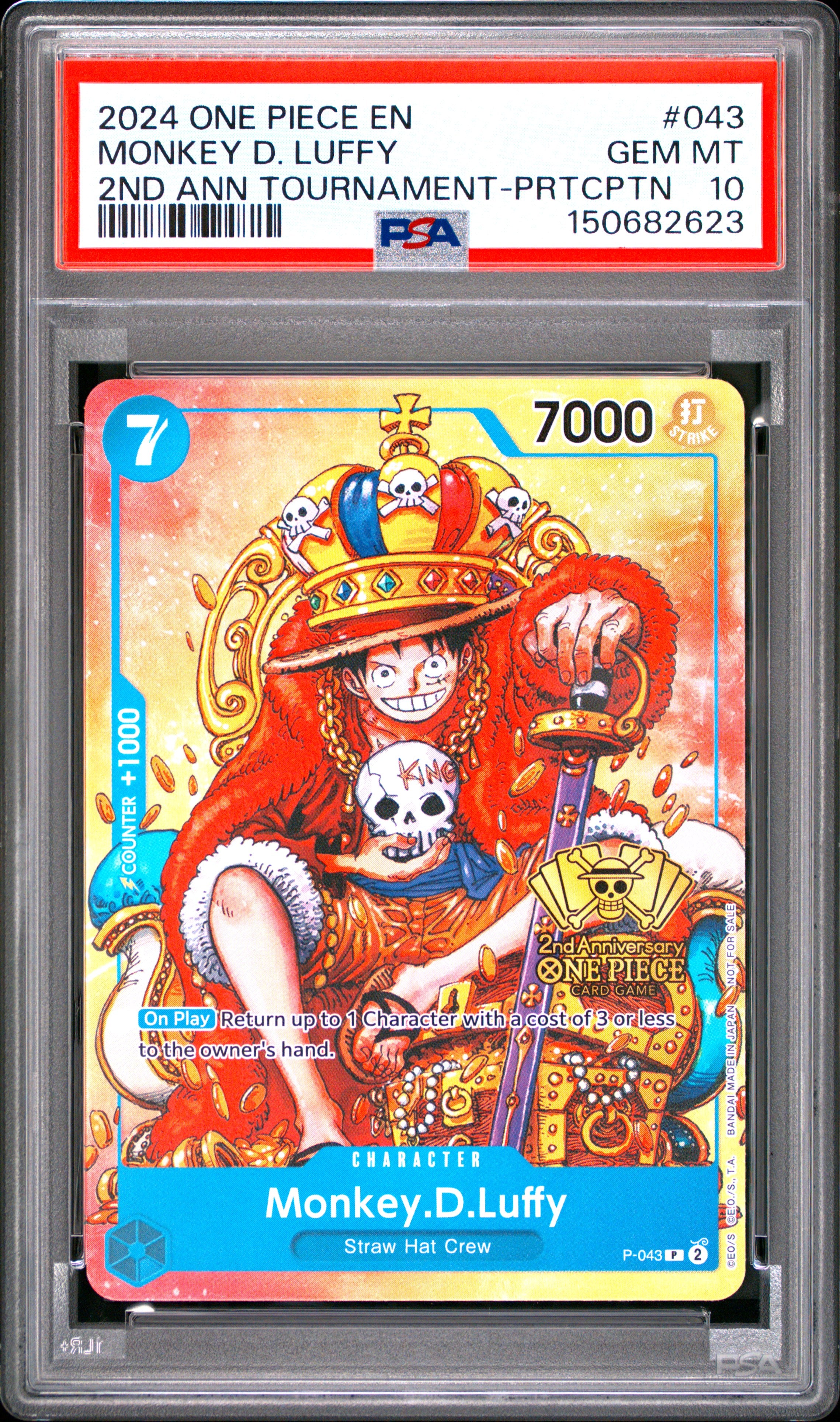 2024 One Piece Promos #043 Monkey D. Luffy 2nd Ann Tournament-Prtcptn PSA 10