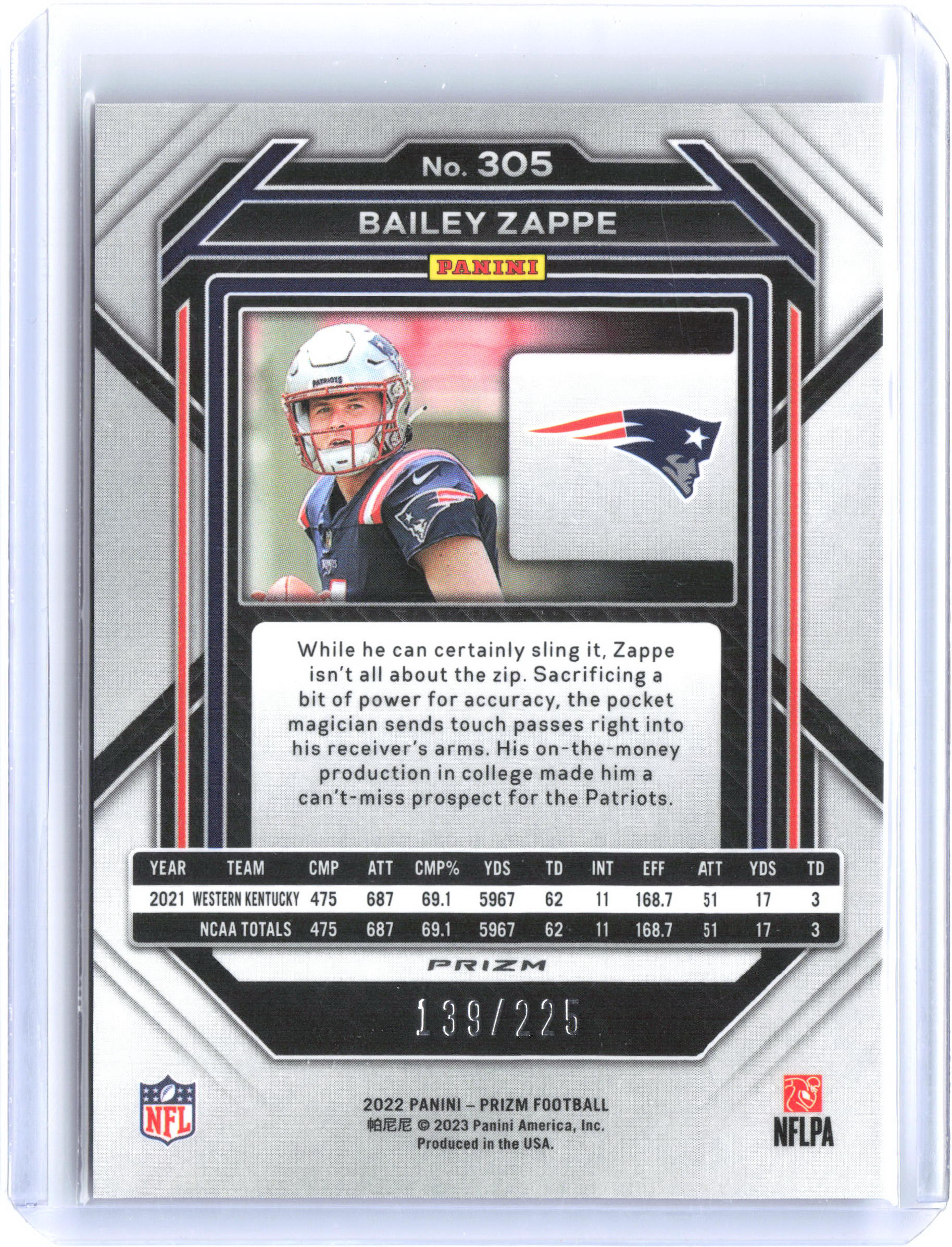 2022 Panini Prizm #305 Bailey Zappe Purple Ice #/225