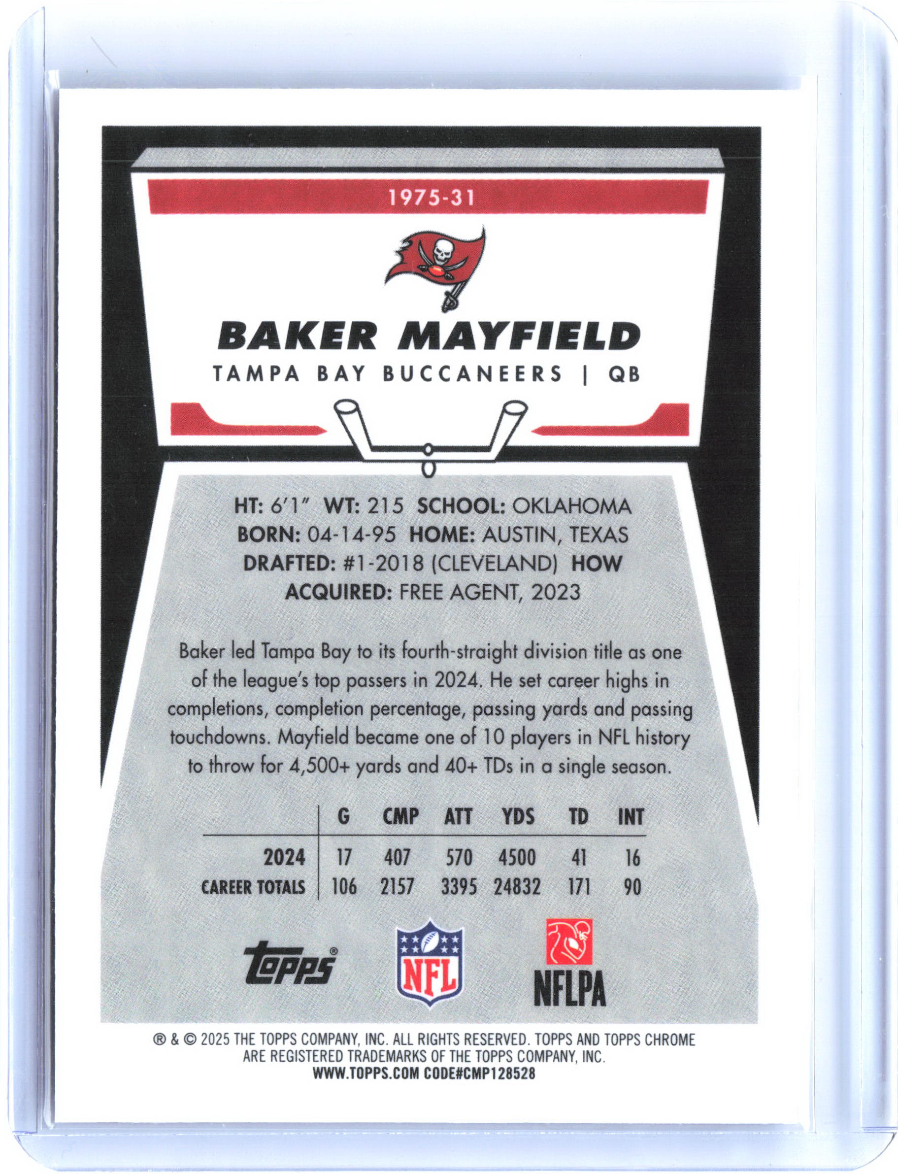 2025 Topps Chrome #1975-31 Baker Mayfield 1975 Topps Yellow Refractor #/275