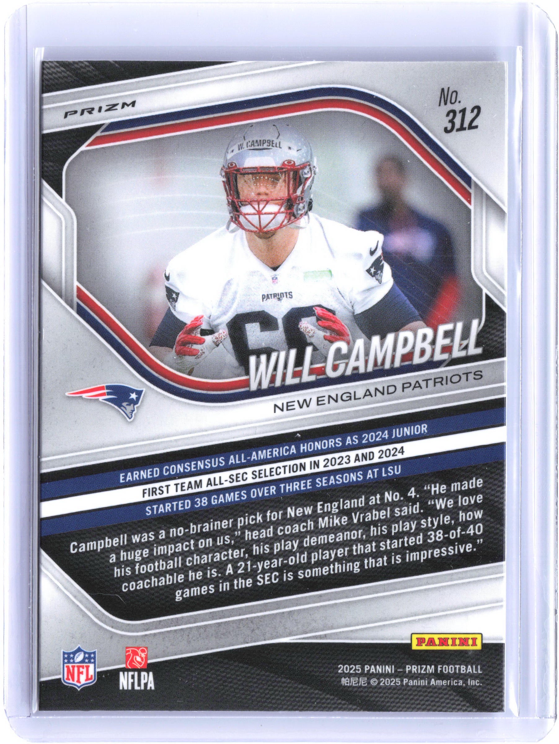 2025 Panini Prizm #312 Will Campbell Prizm Rookie Autographs White Sparkle #/1