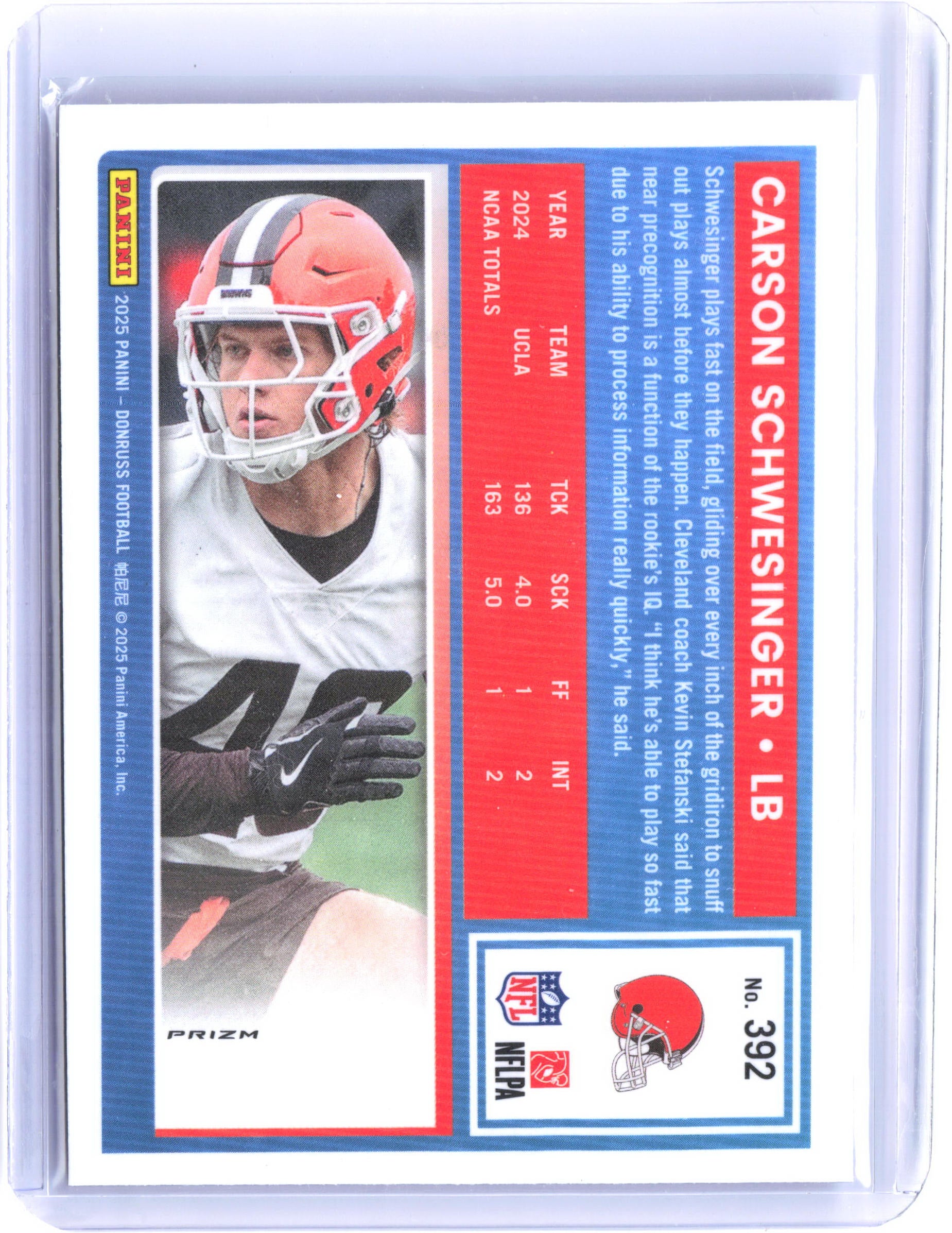 2025 Donruss #392 Carson Schwesinger Optic Rated Rookies Preview Holo