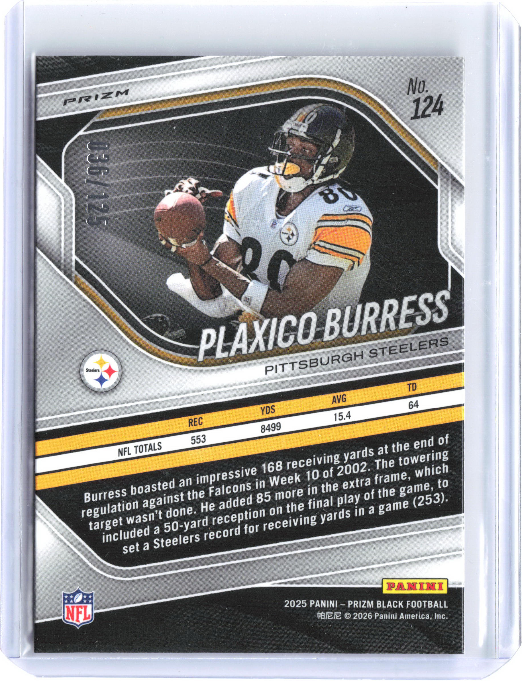 2025 Panini Prizm Black #124 Plaxico Burress Prizms Blue Ice #/125