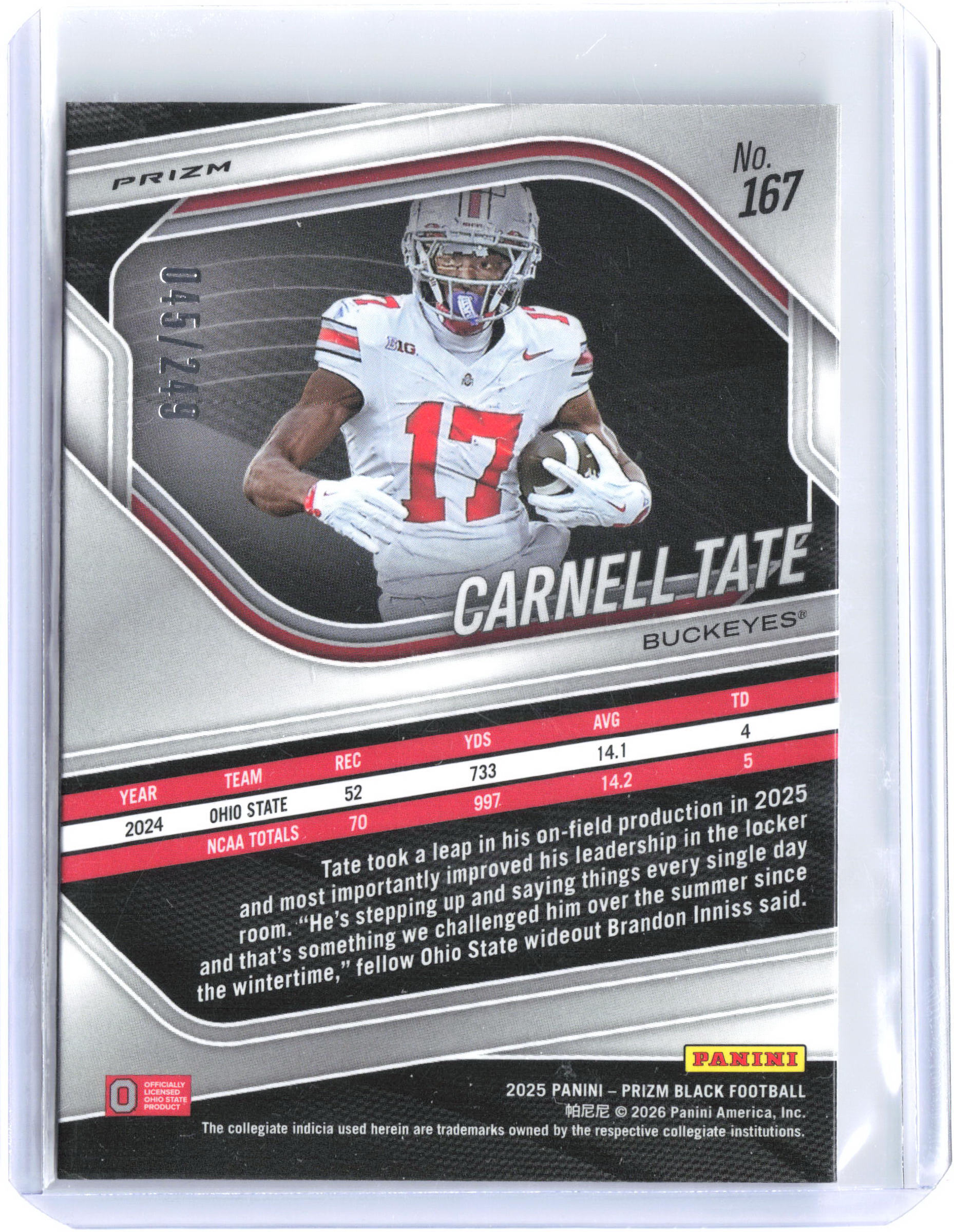 2025 Panini Prizm Black #167 Carnell Tate Prizms Silver