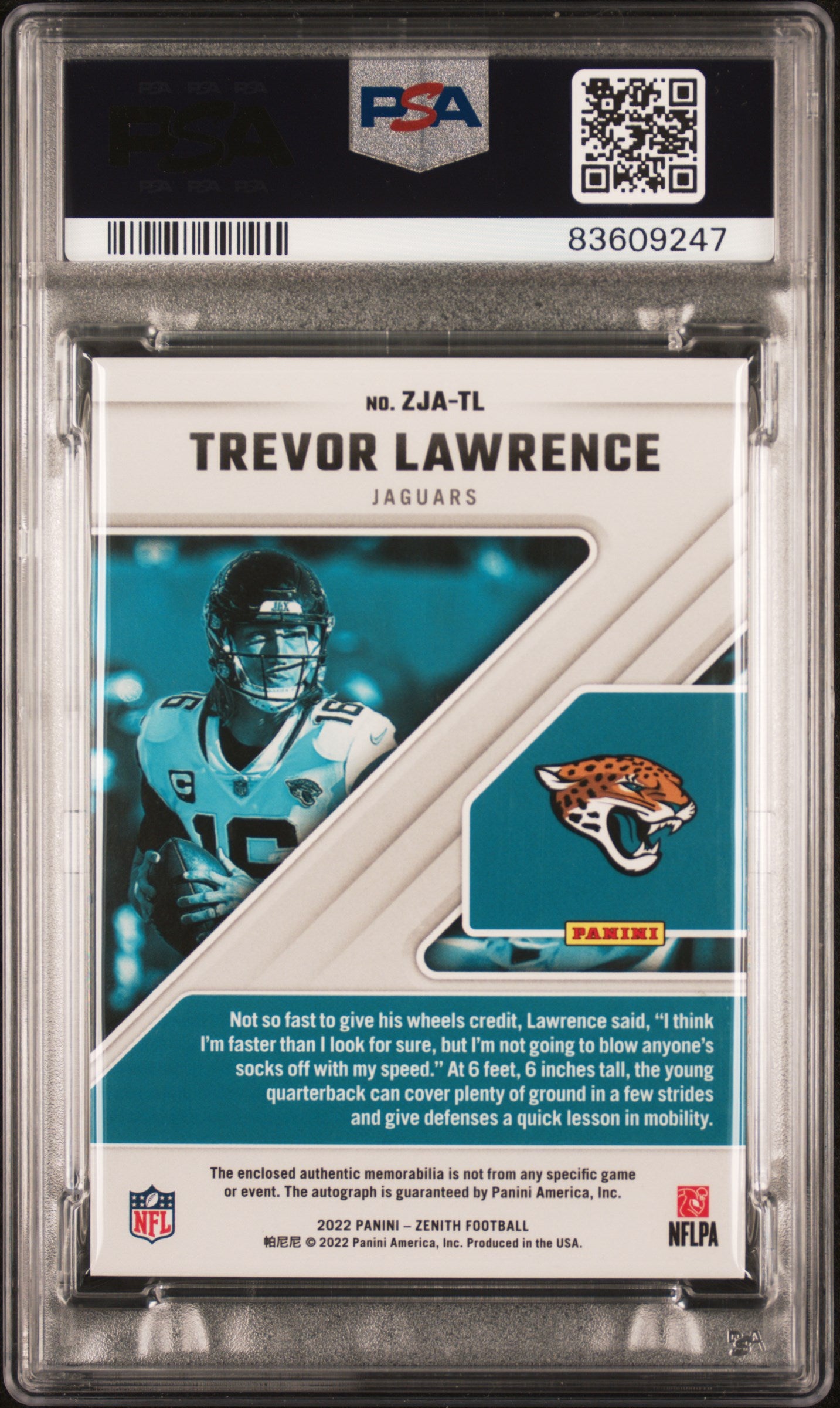 2022 Panini Zenith Z-Jersey Autographs #ZJATL Trevor Lawrence Auto-Silver PSA 9