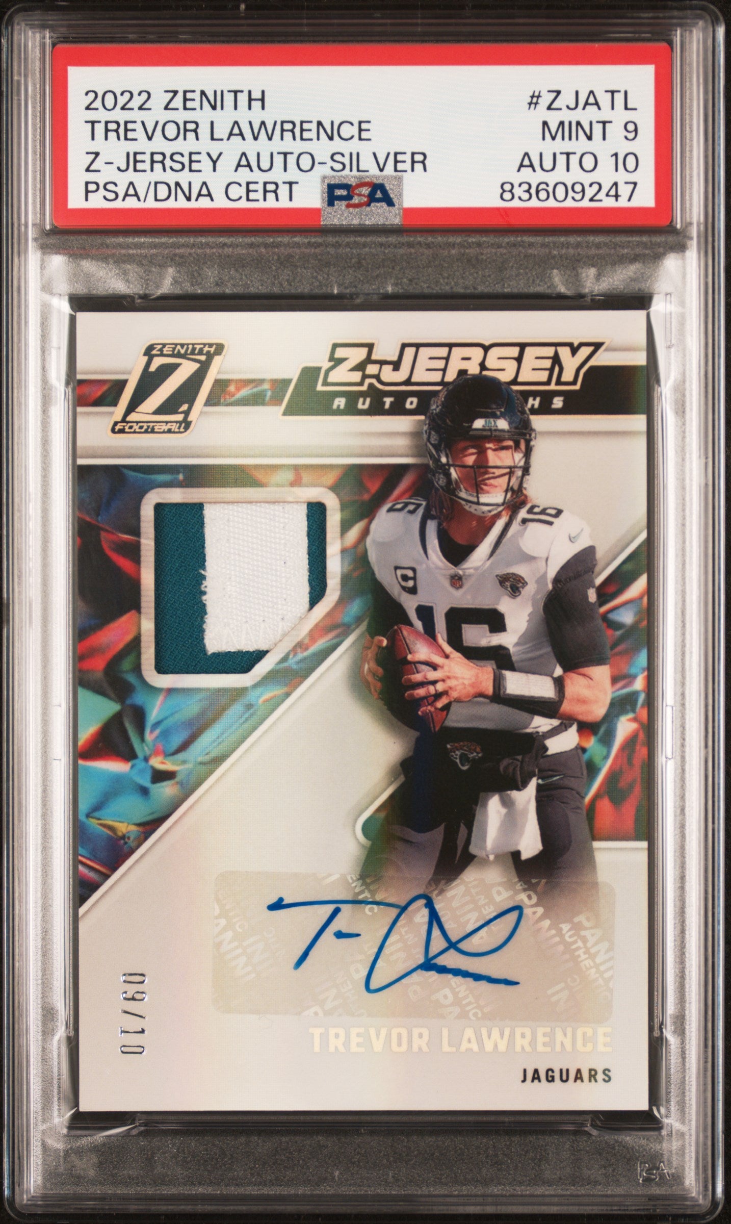 2022 Panini Zenith Z-Jersey Autographs #ZJATL Trevor Lawrence Auto-Silver PSA 9