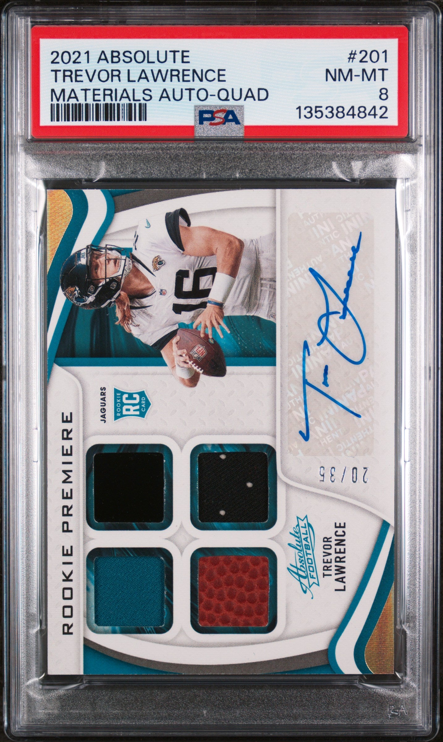 2021 Panini Absolute #201 Trevor Lawrence Materials Auto-Quad PSA 8
