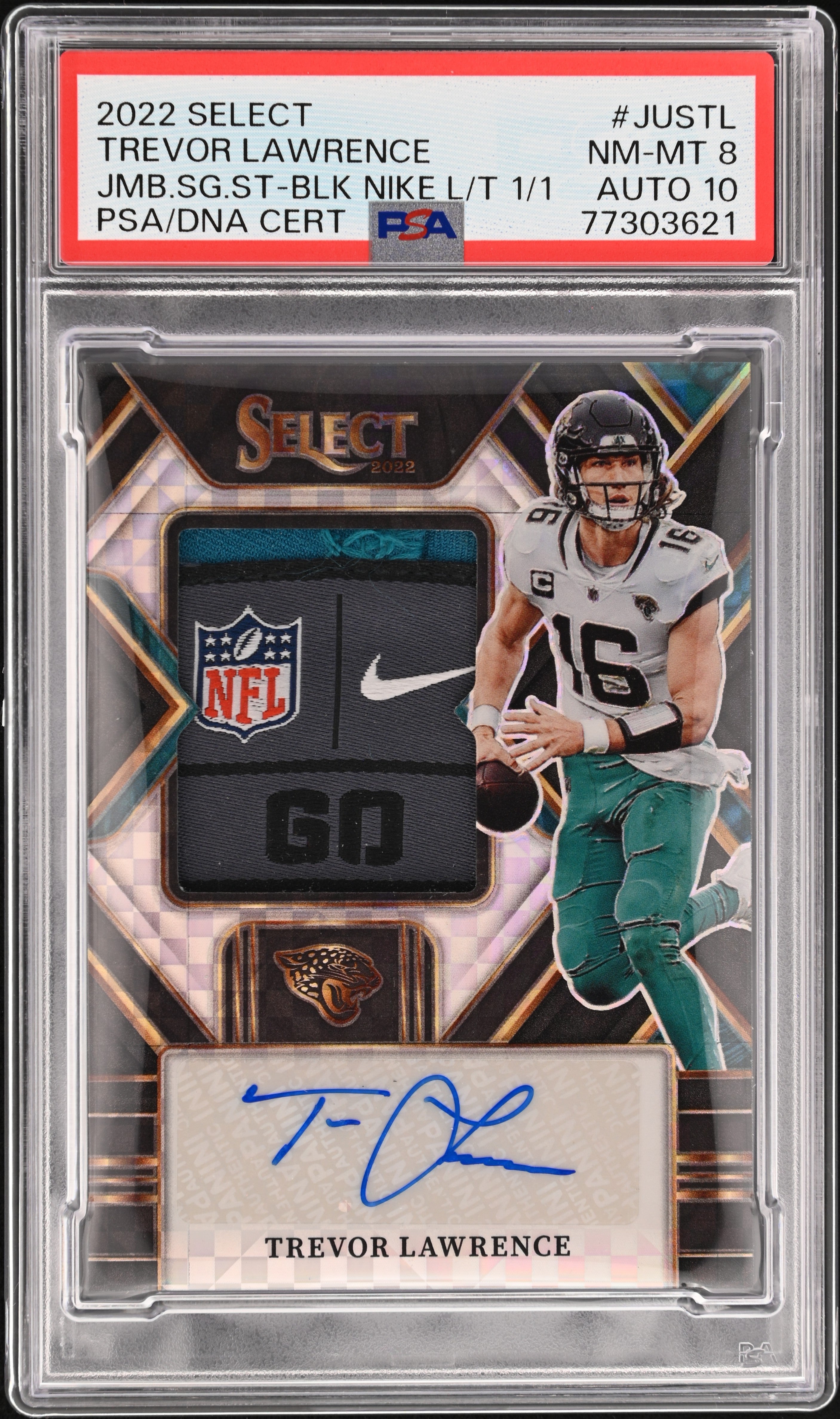 2022 Panini Select Jumbo Signature Swatch  Trevor Lawrence  Nike L/T 1/1 PSA 8