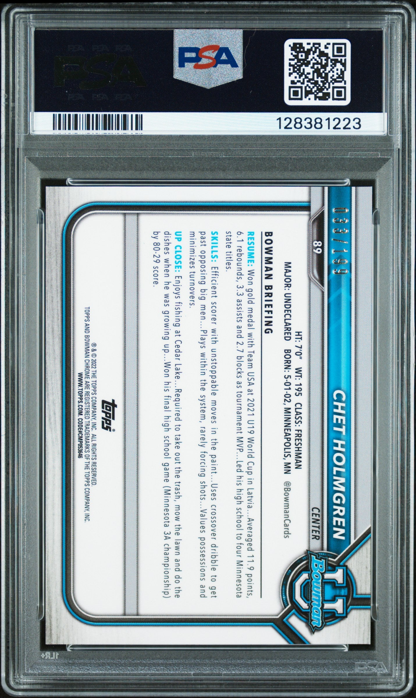 2021 Bowman University #89 Chet Holmgren Chrome-Blue Refractor PSA 9