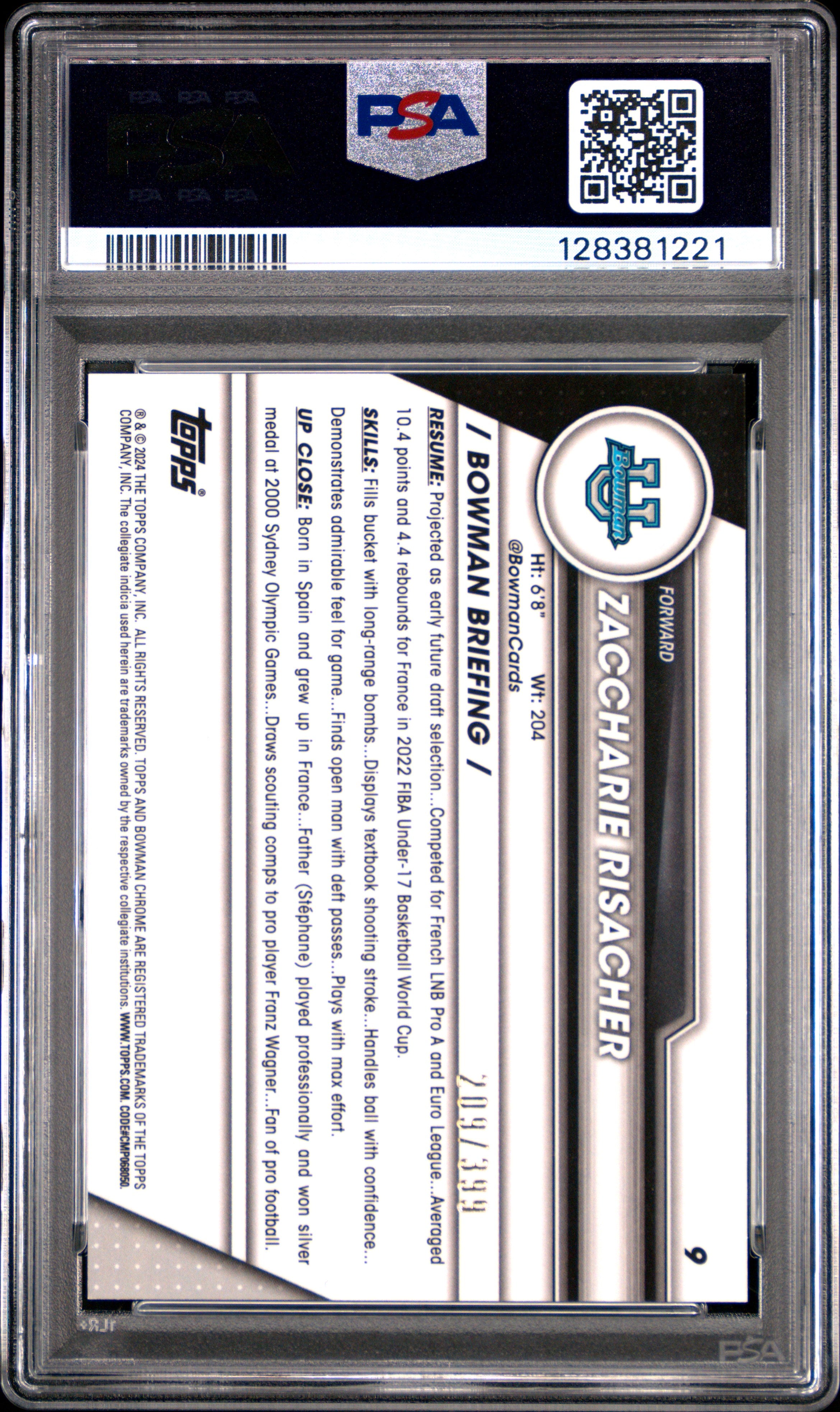 2023 Bowman University Chrome #9 Zaccharie Risacher Purple Refractor PSA 8