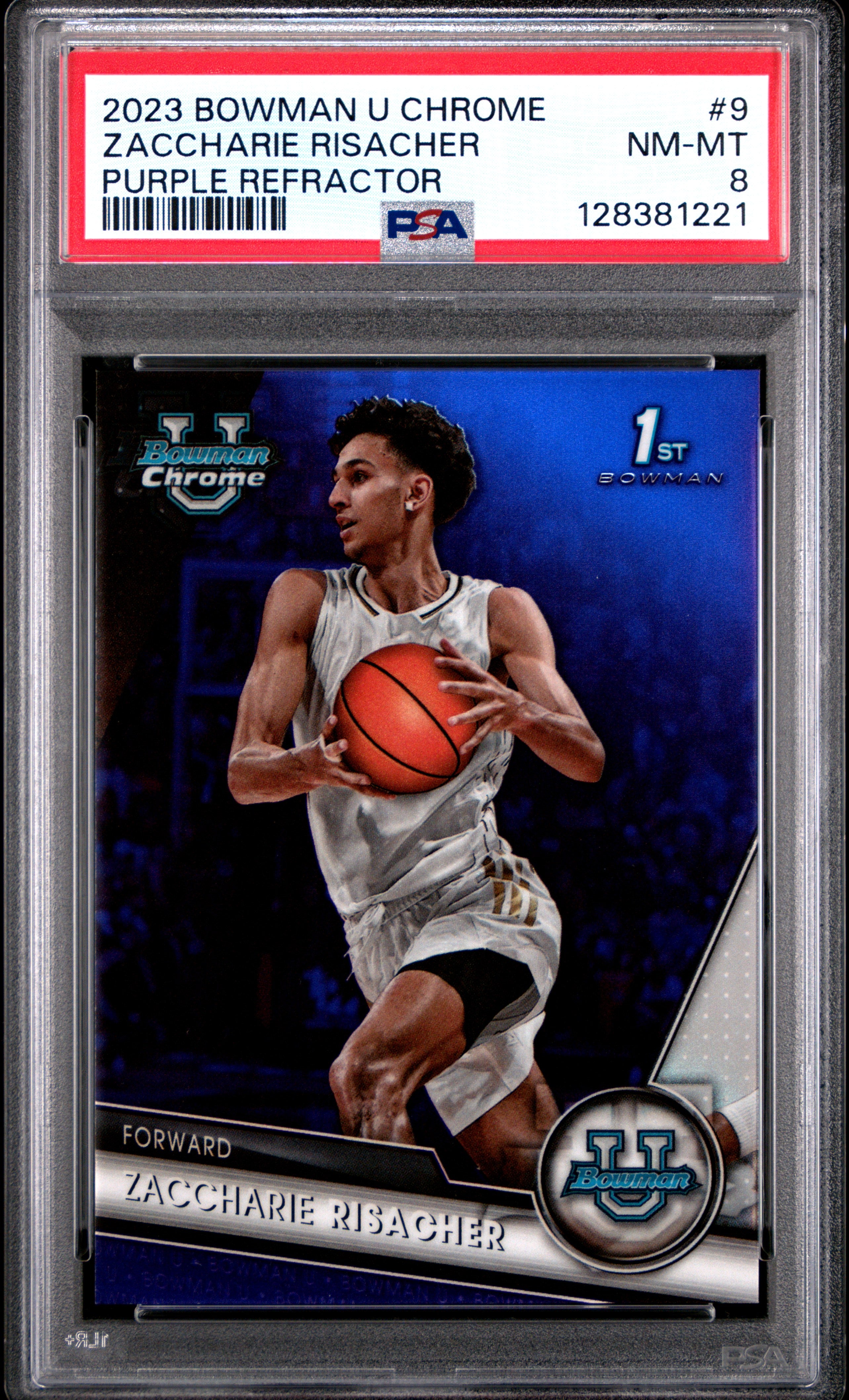 2023 Bowman University Chrome #9 Zaccharie Risacher Purple Refractor PSA 8