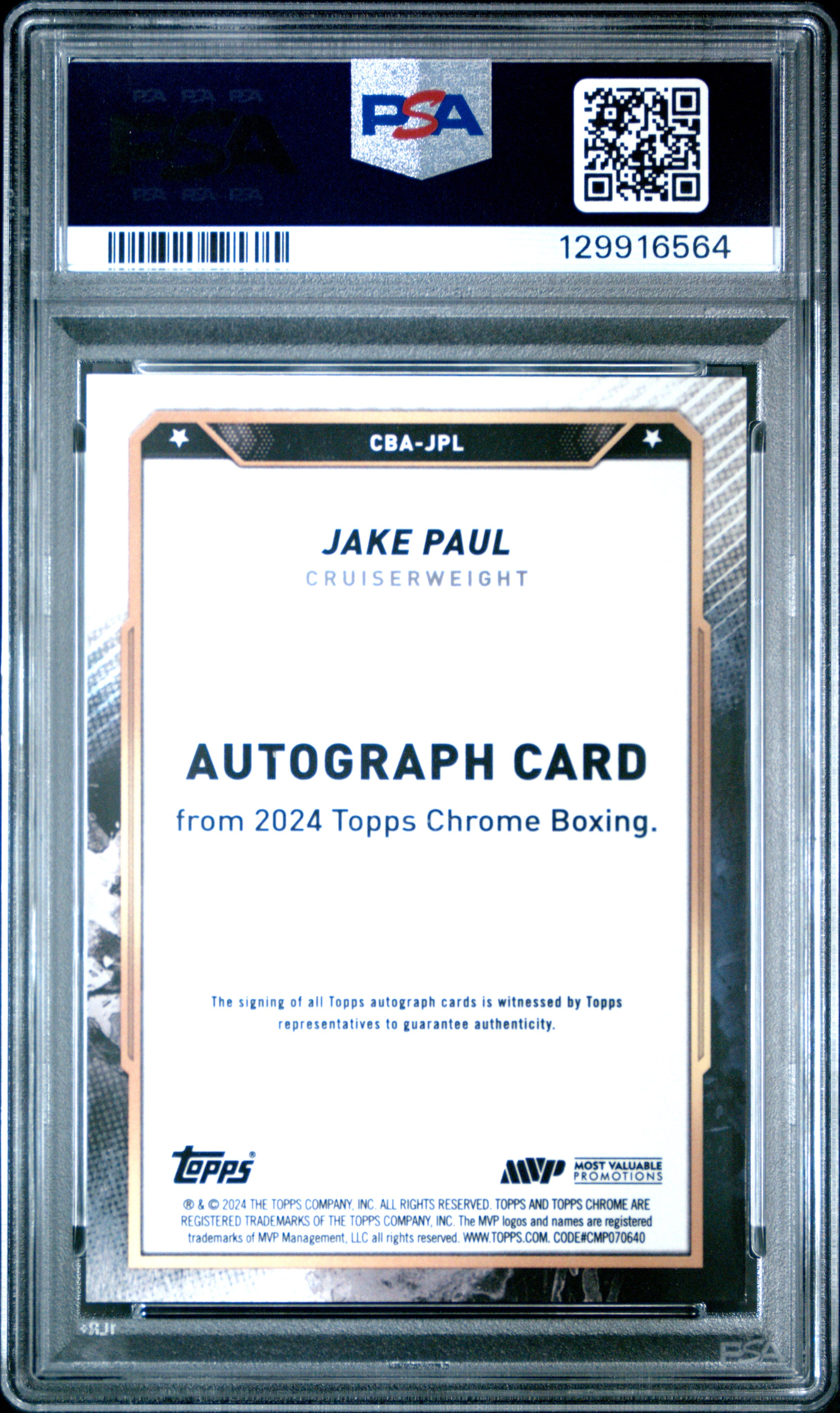 2024 Topps Chrome Boxing #CBA-JPL Jake Paul Autograph-Gold Refractor PSA 9