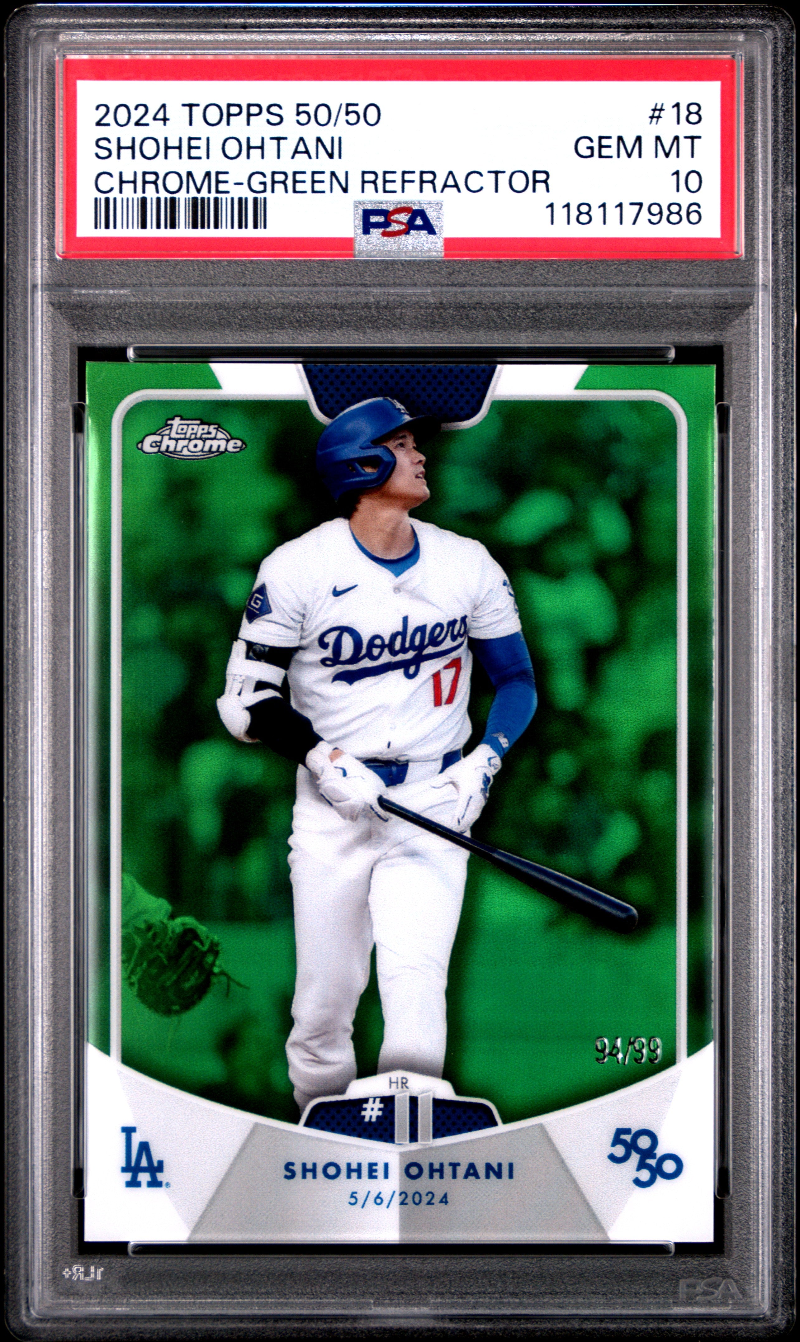 2024 Topps 50/50 Shohei Ohtani #18 Shohei Ohtani Chrome-Green Refractor PSA 10