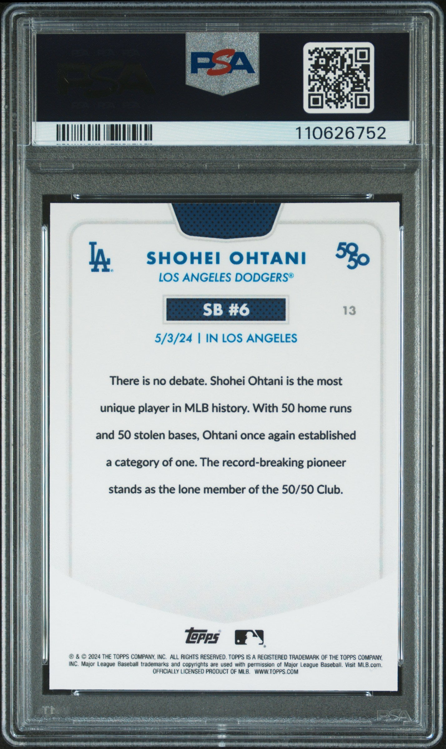 2024 Topps 50/50 Shohei Ohtani #13 Shohei Ohtani Chrome-Green Refractor PSA 10