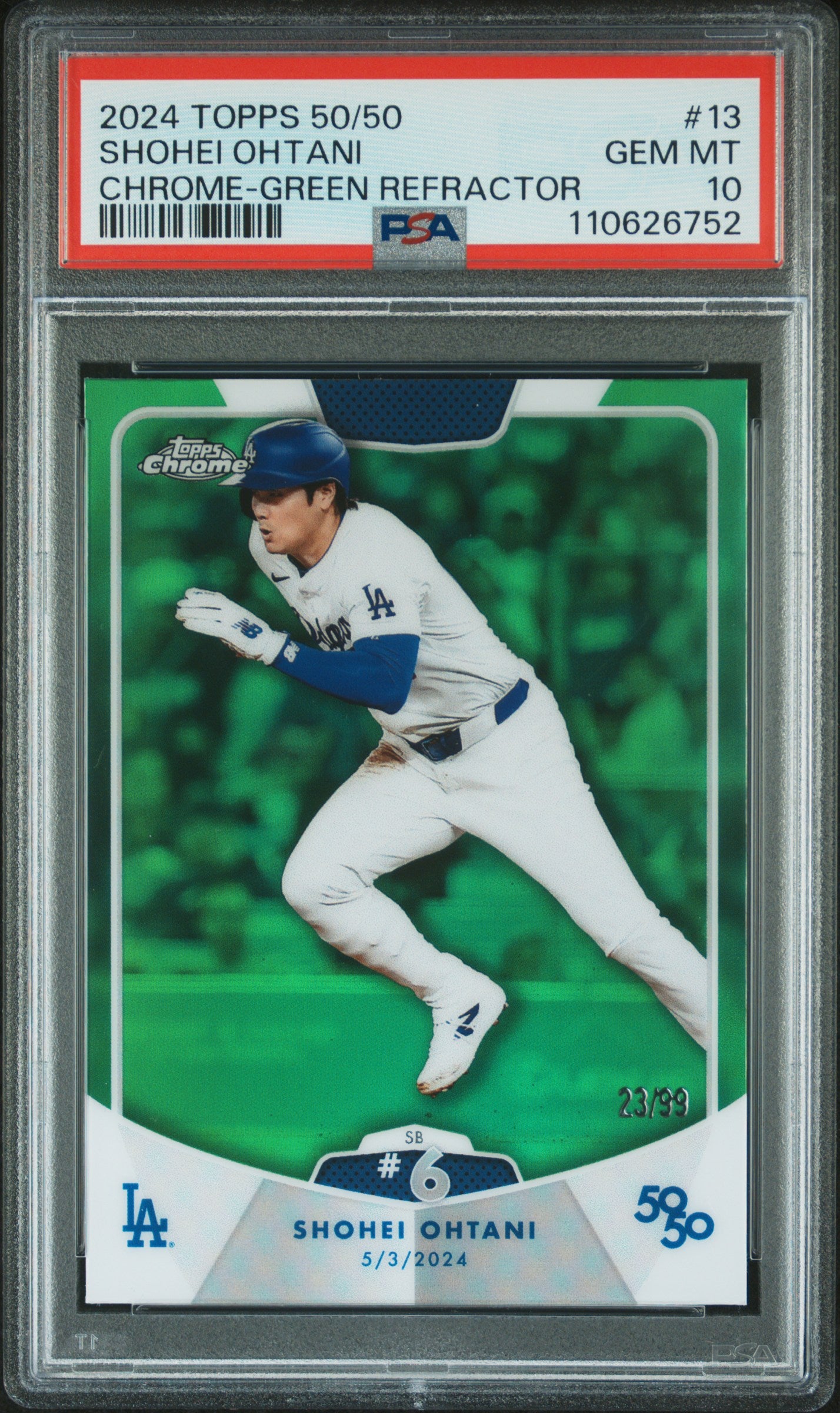 2024 Topps 50/50 Shohei Ohtani #13 Shohei Ohtani Chrome-Green Refractor PSA 10