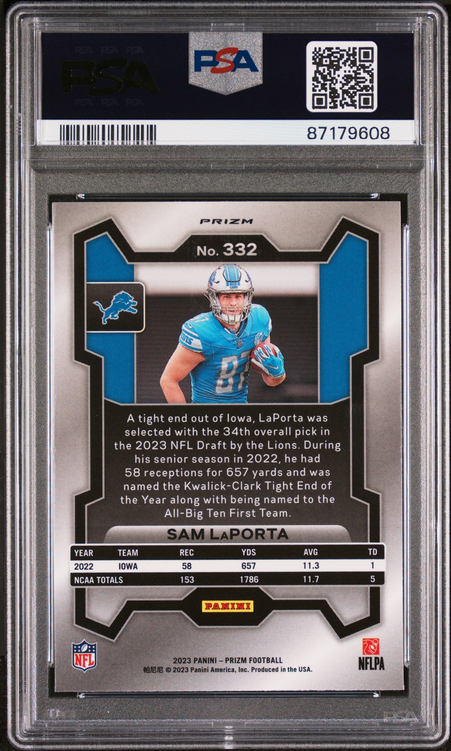 2023 Panini Prizm #332 Sam Laporta Lazer Prizm PSA 10