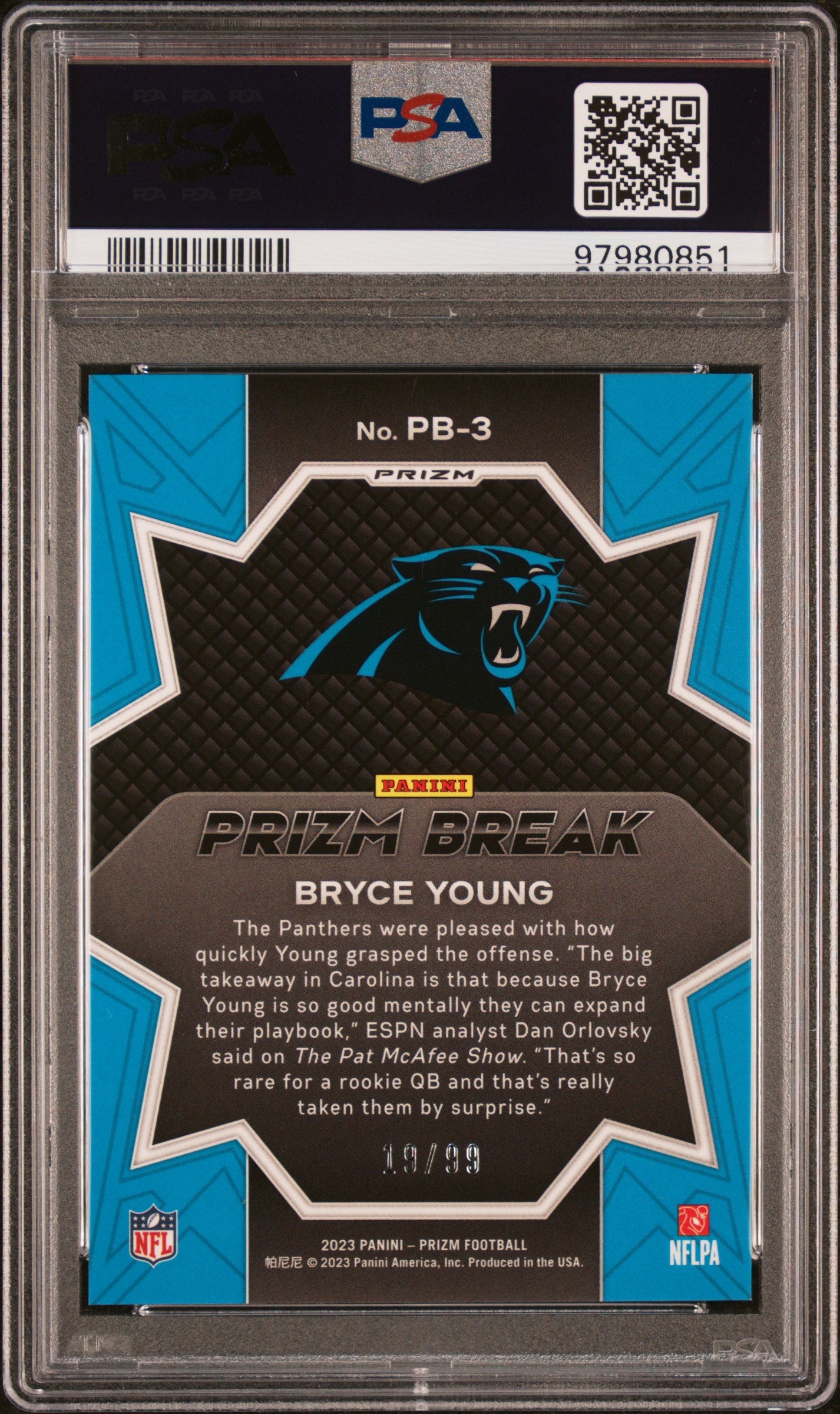 2023 Panini Prizm Prizm Break #PB3 Bryce Young Prizm Break-Blue Ice PSA 9