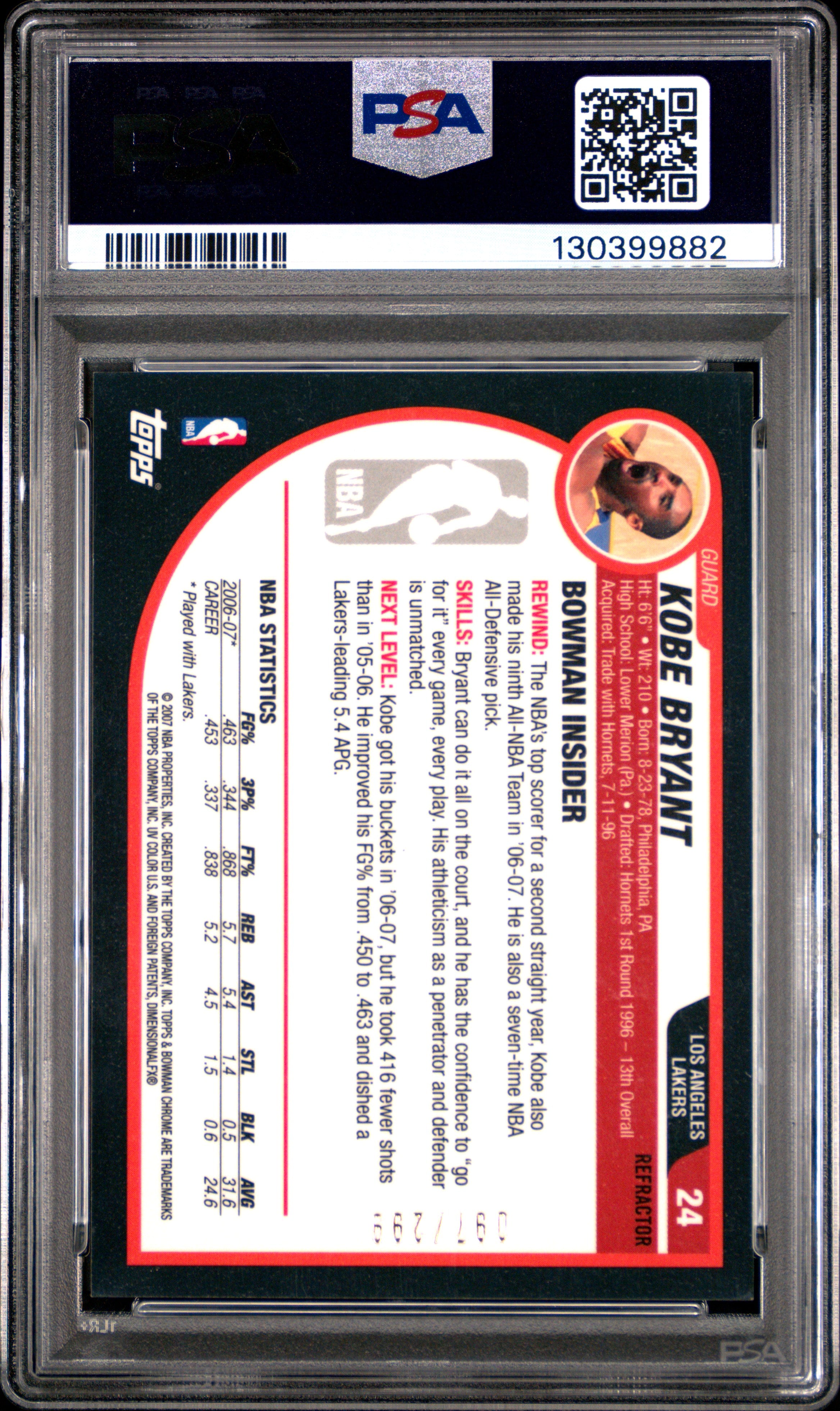 2007 Bowman #24 Kobe Bryant Silver 97/299 PSA 9 (mislabeled)