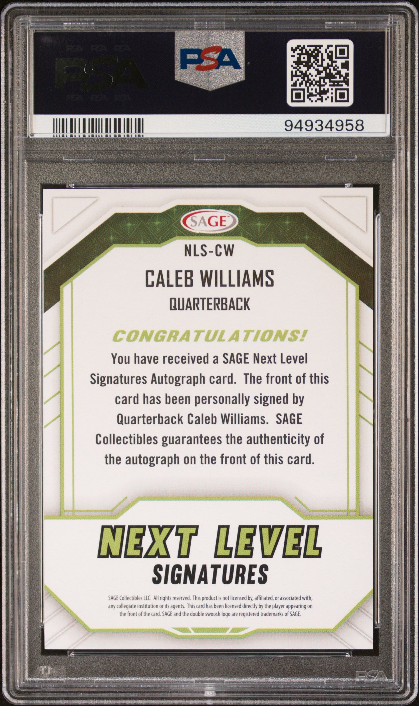 2024 Sage Next Level Signatures #NLSCW Caleb Williams Red PSA 10