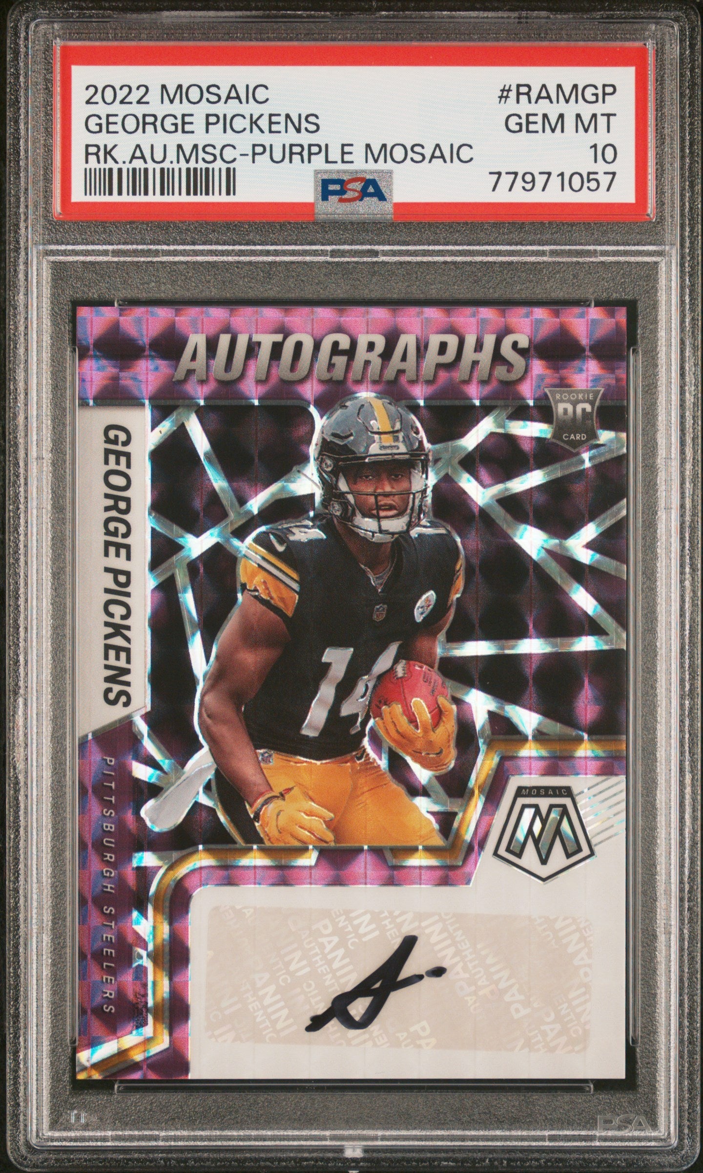 2022 Panini Mosaic Rookie Autograph  George Pickens Purple Mosaic PSA 10