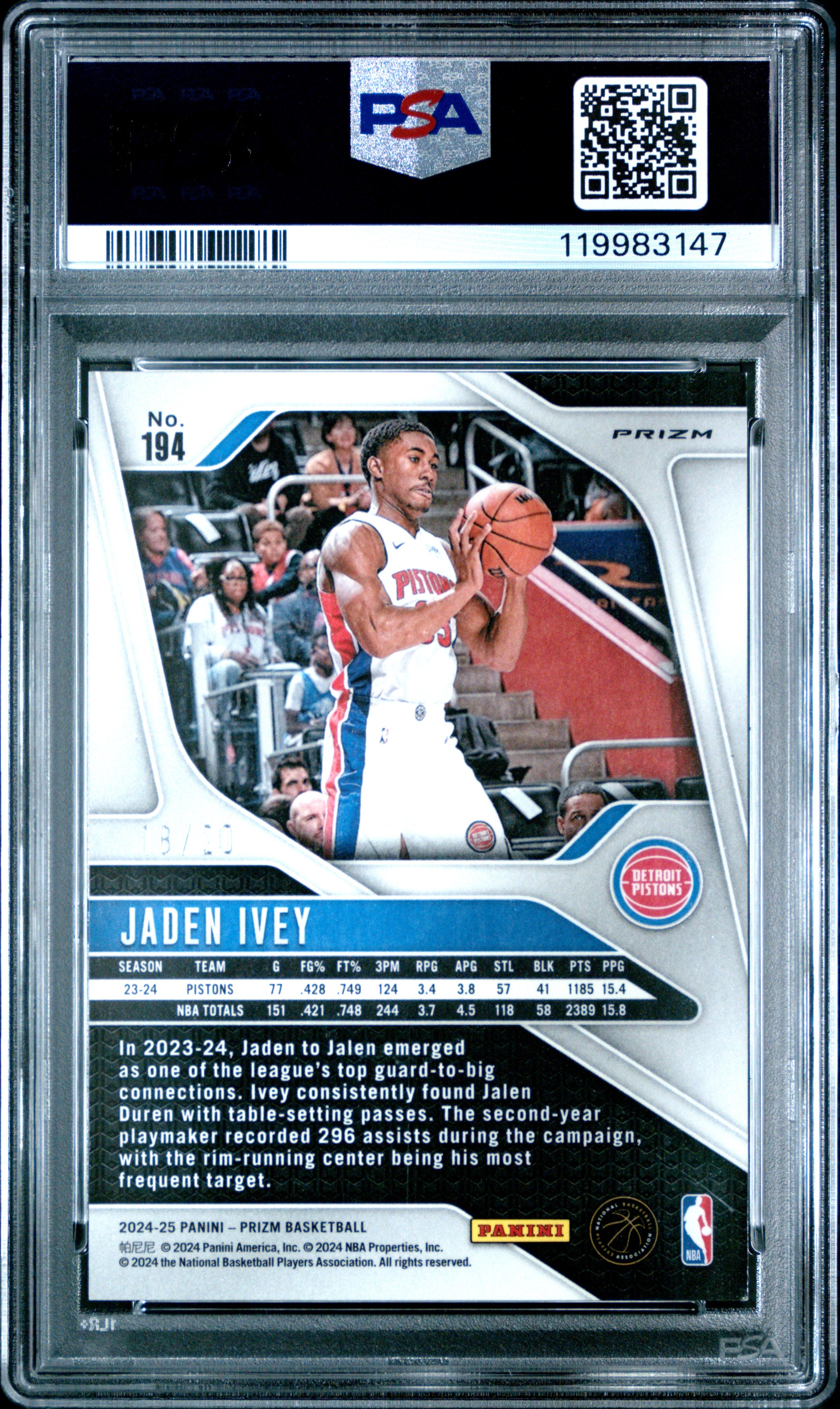 2024 Panini Prizm #194 Jaden Ivey Cherry Blossom Choice PSA 9