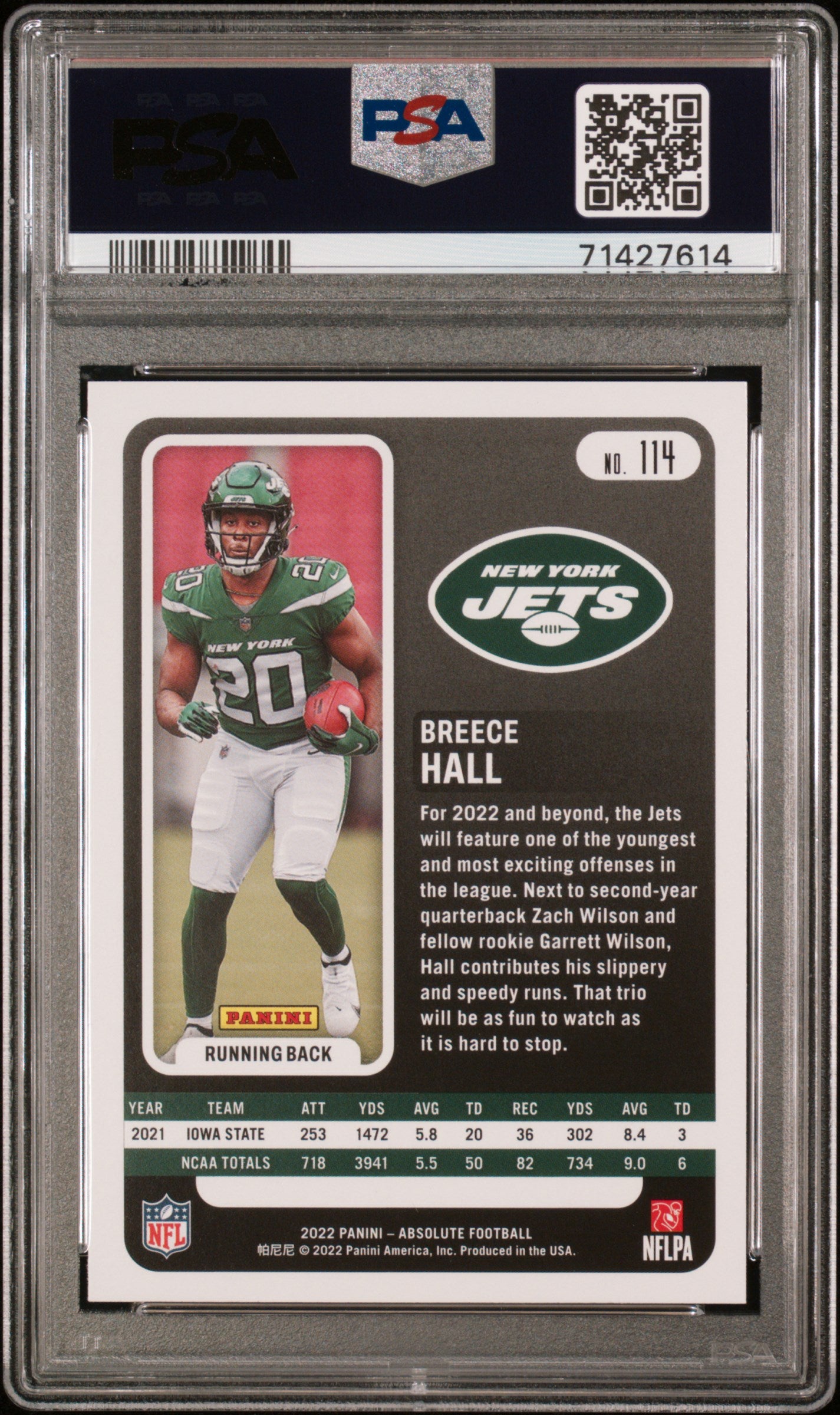 2022 Panini Absolute #114 Breece Hall PSA 9 Football