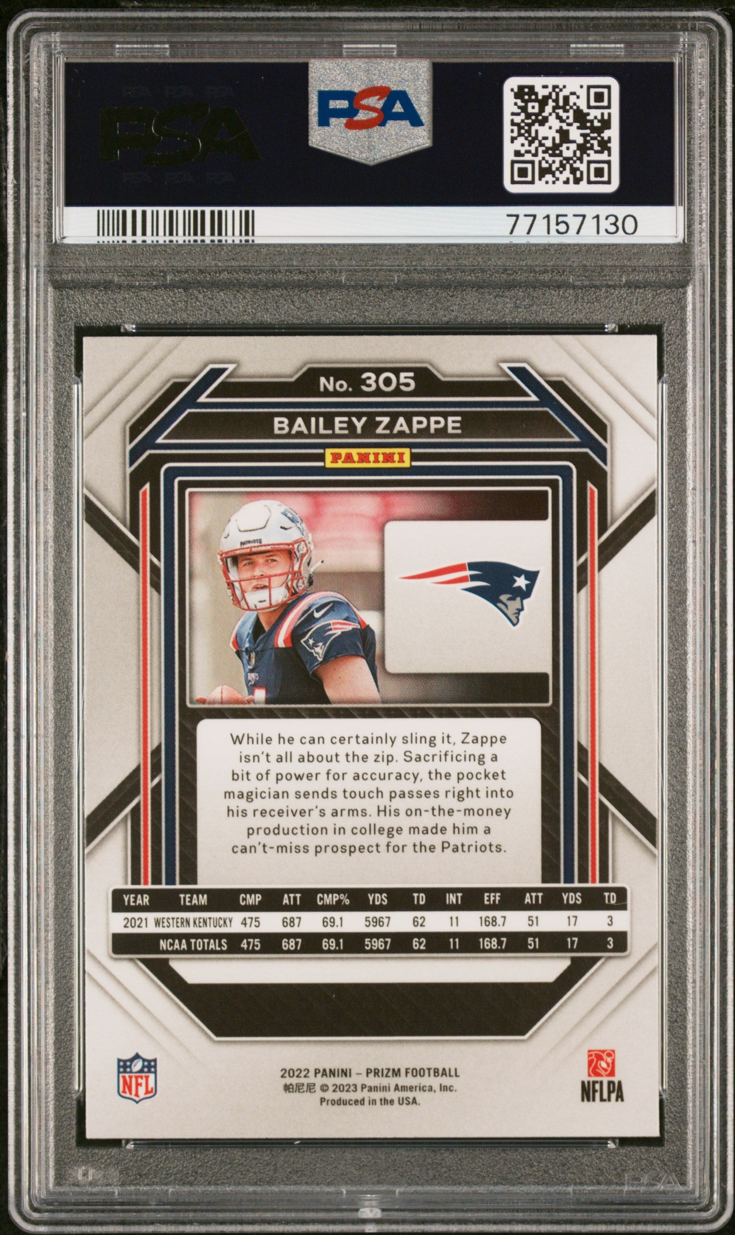 2022 Panini Prizm #305 Bailey Zappe PSA 10 Football