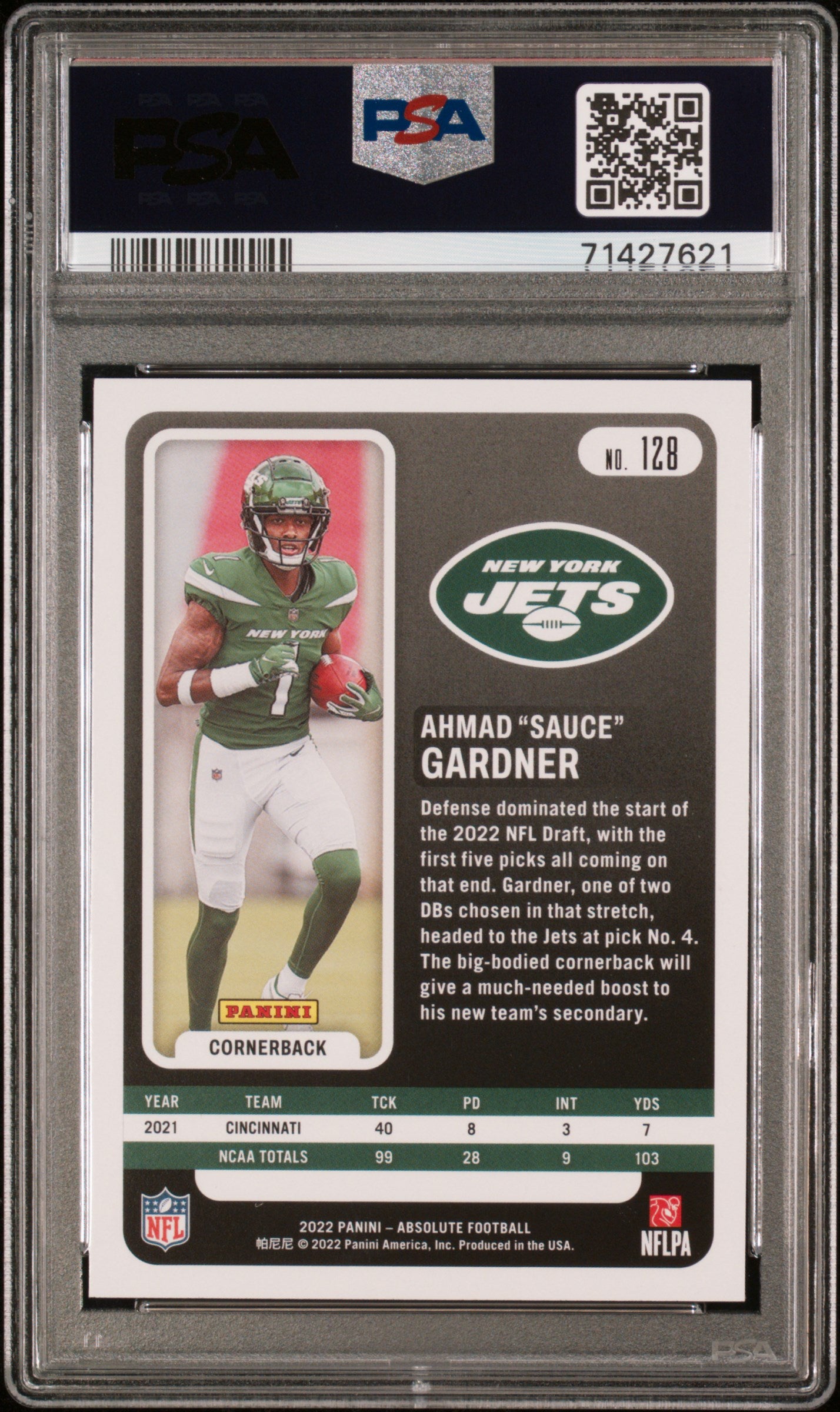 2022 Panini Absolute #128 Ahmad Gardner PSA 10 Football