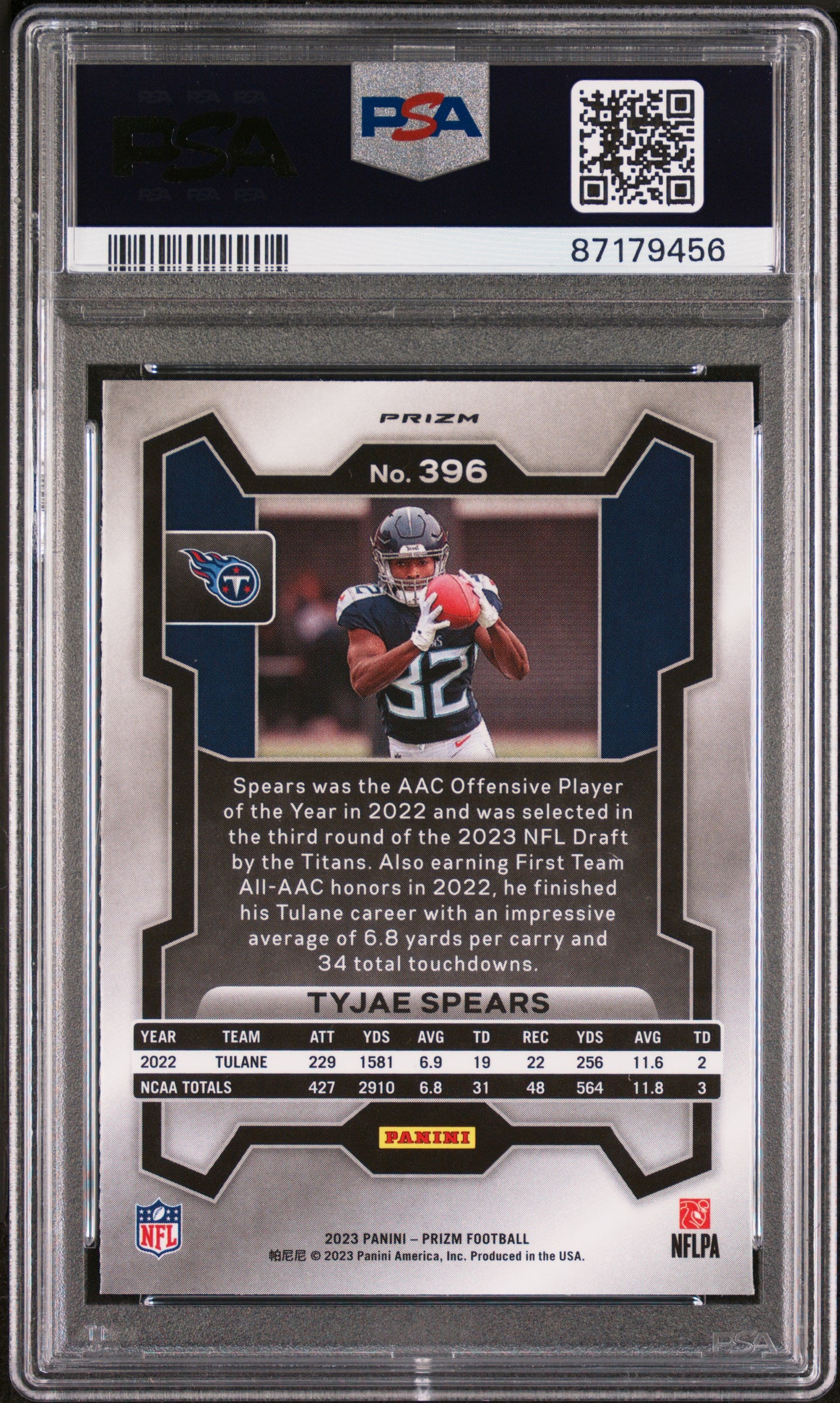 2023 Panini Prizm #396 Tyjae Spears Green Prizm PSA 10