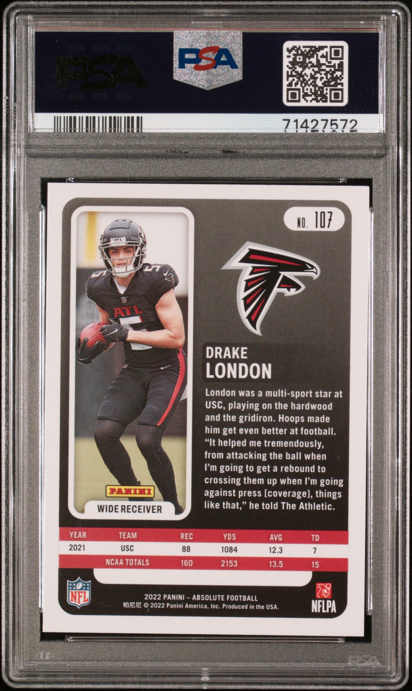 2022 Panini Absolute #107 Drake London PSA 10