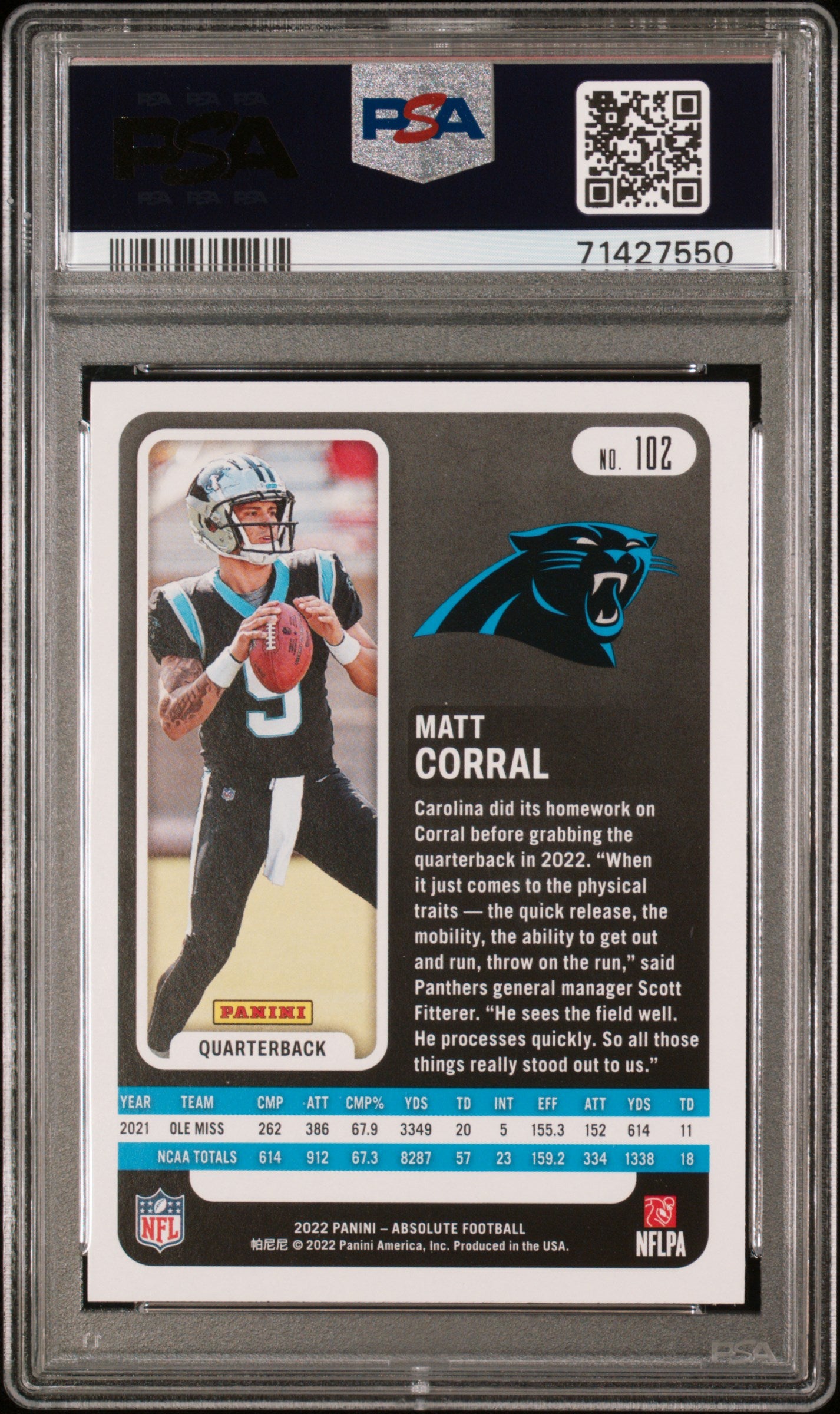 2022 Panini Absolute #102 Matt Corral PSA 10