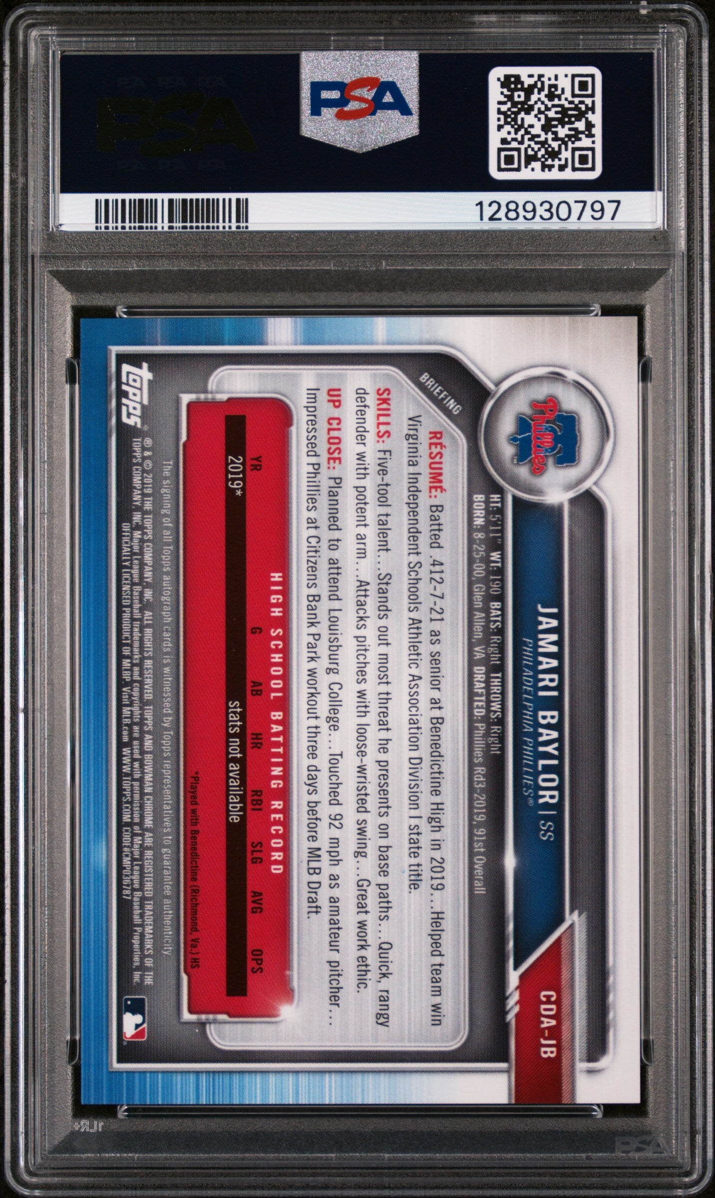 2019 Bowman Draft Chrome Draft Jamari Baylor Chrome Draft Picks Auto. PSA 9