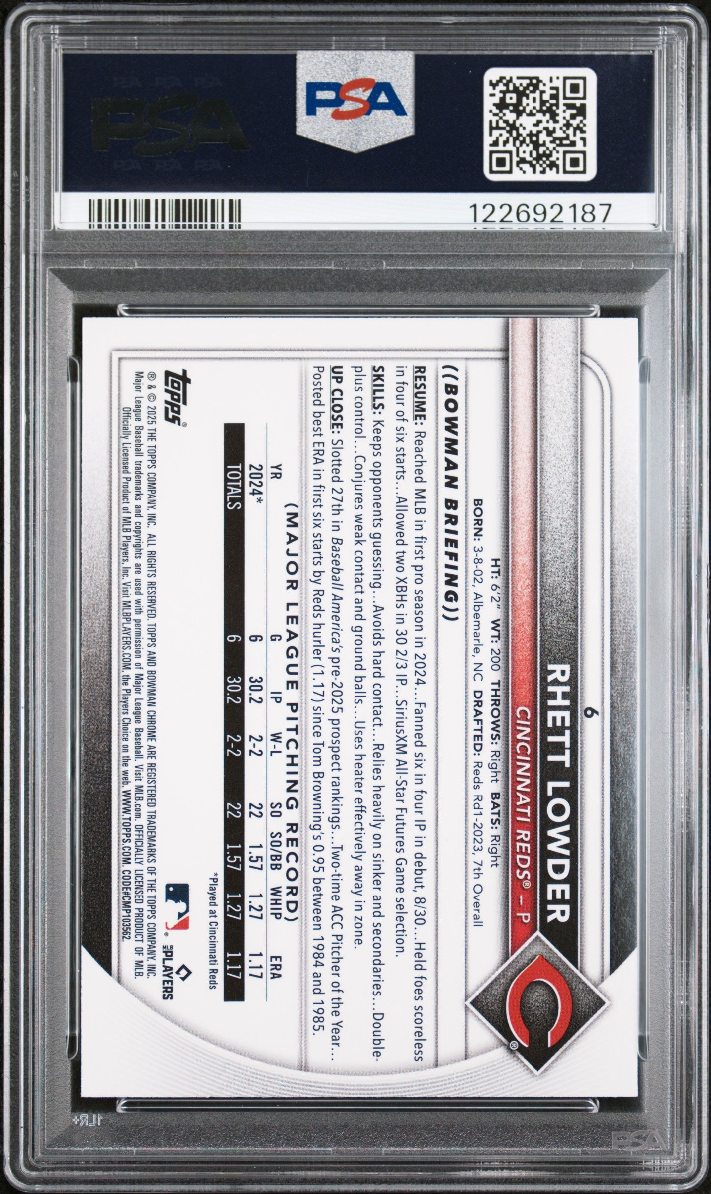 2025 Bowman Mega Box Chrome #6 Rhett Lowder Green Refractor PSA 8