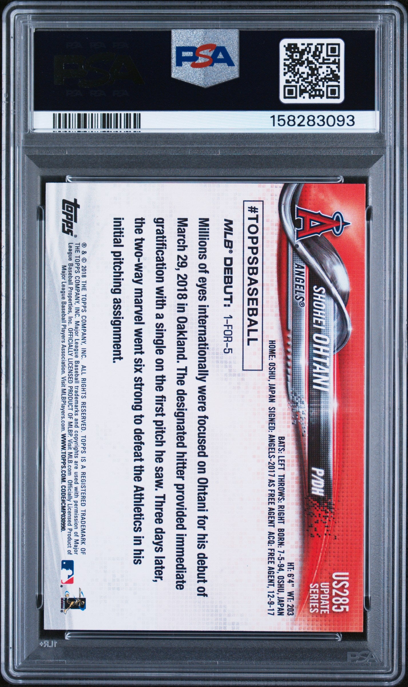 2018 Topps Update #US285 Shohei Ohtani PSA 7
