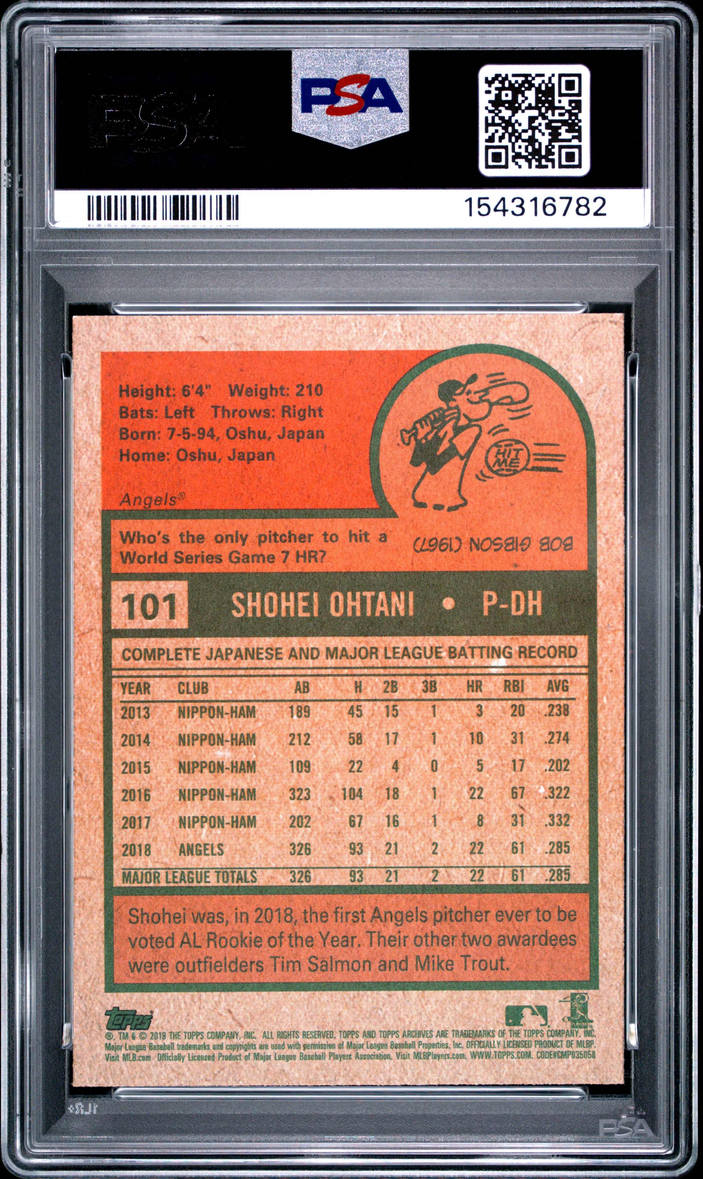 2019 Topps Archives #101 Shohei Ohtani Batting PSA 8