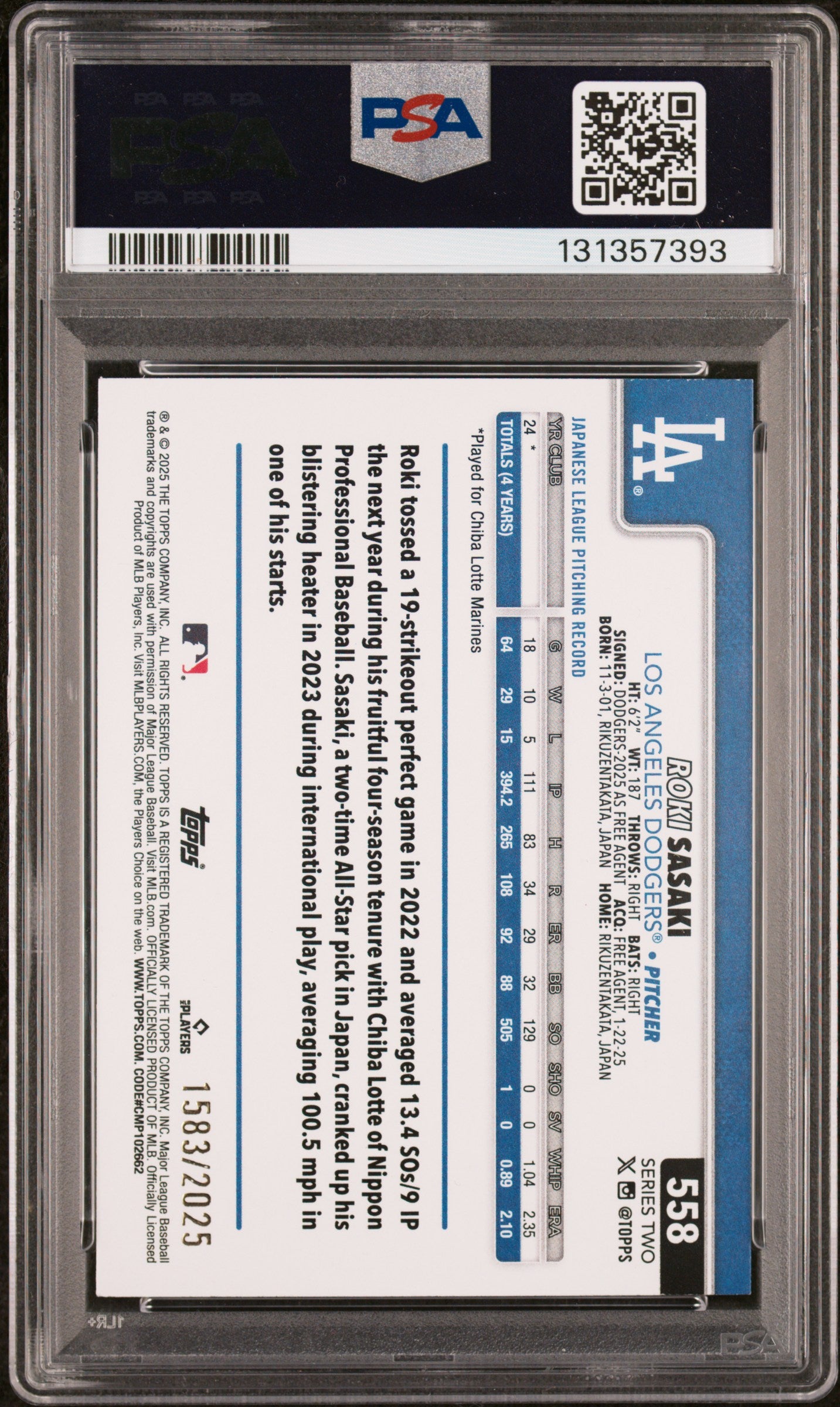2025 Topps #558 Roki Sasaki Gold PSA 9 Baseball