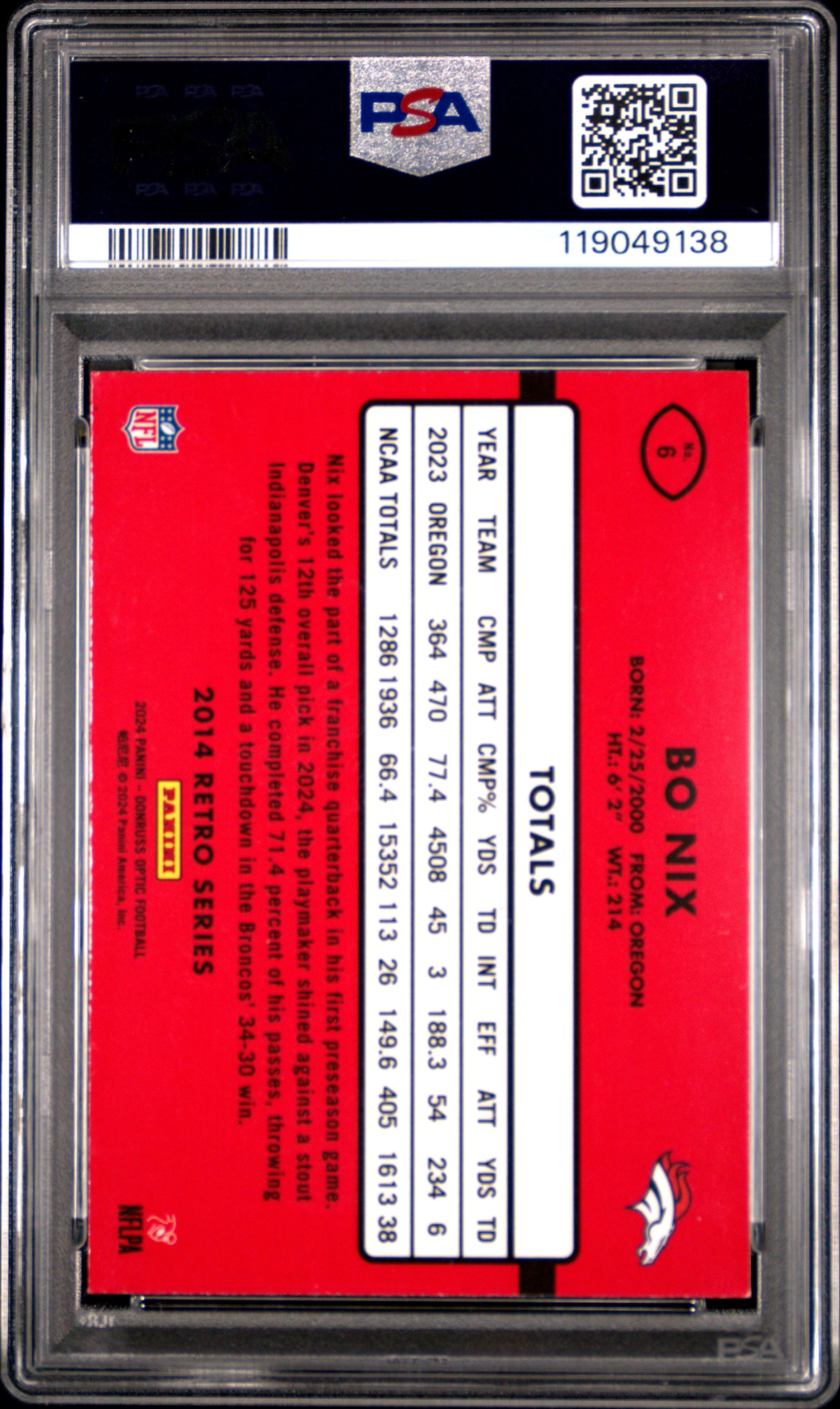 2024 Panini Donruss Optic 2014 Retro Series #6 Bo Nix PSA 10