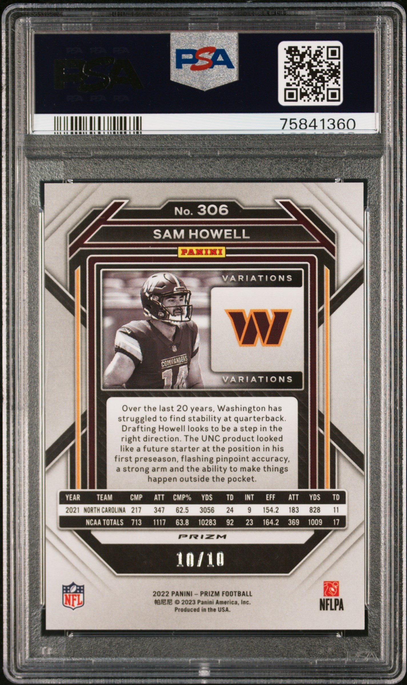 2022 Panini Prizm #306 Sam Howell Variation-Gold Prizm PSA 10 Football