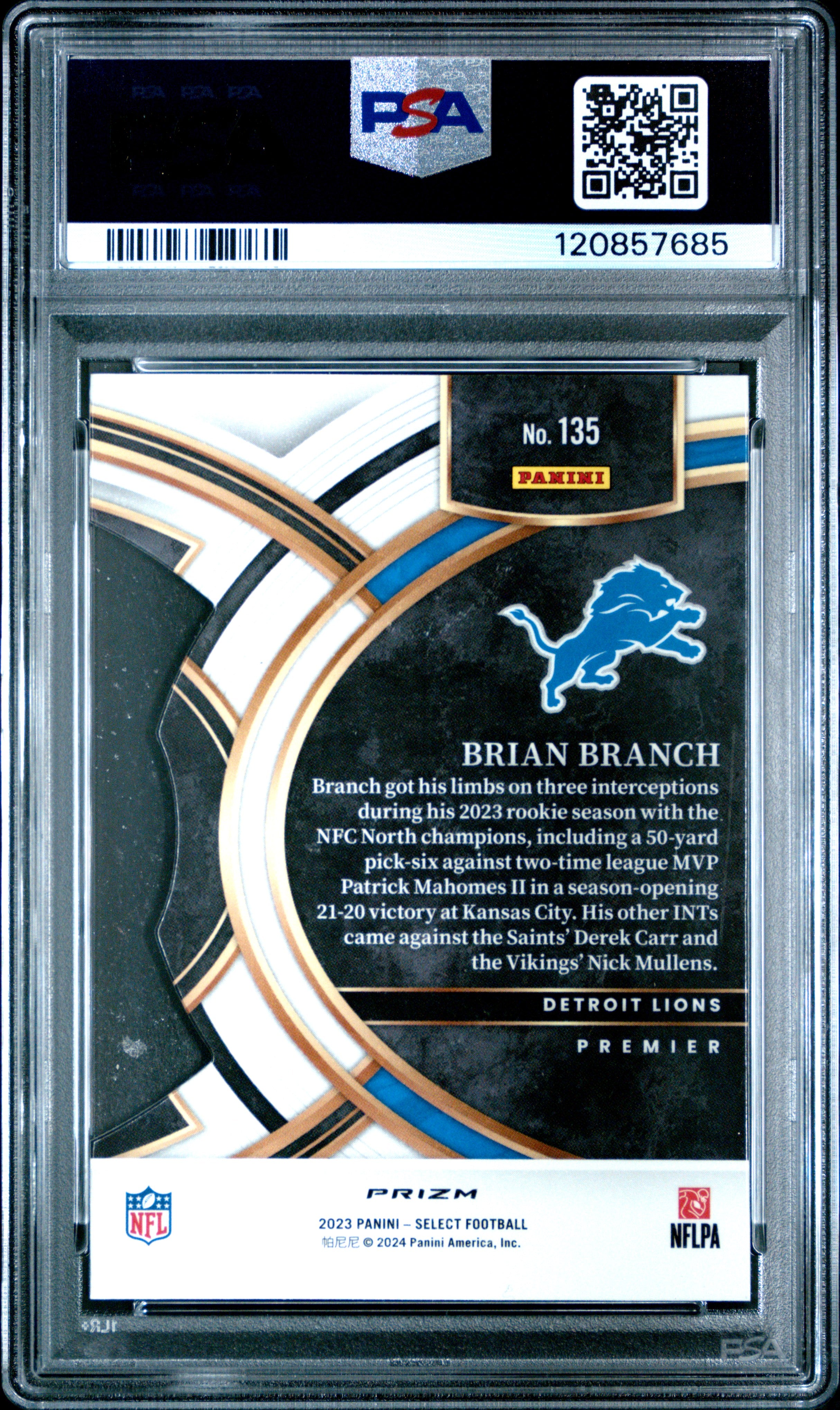 2023 Panini Select #135 Brian Branch Die-Cut Zebra Prizm PSA 10