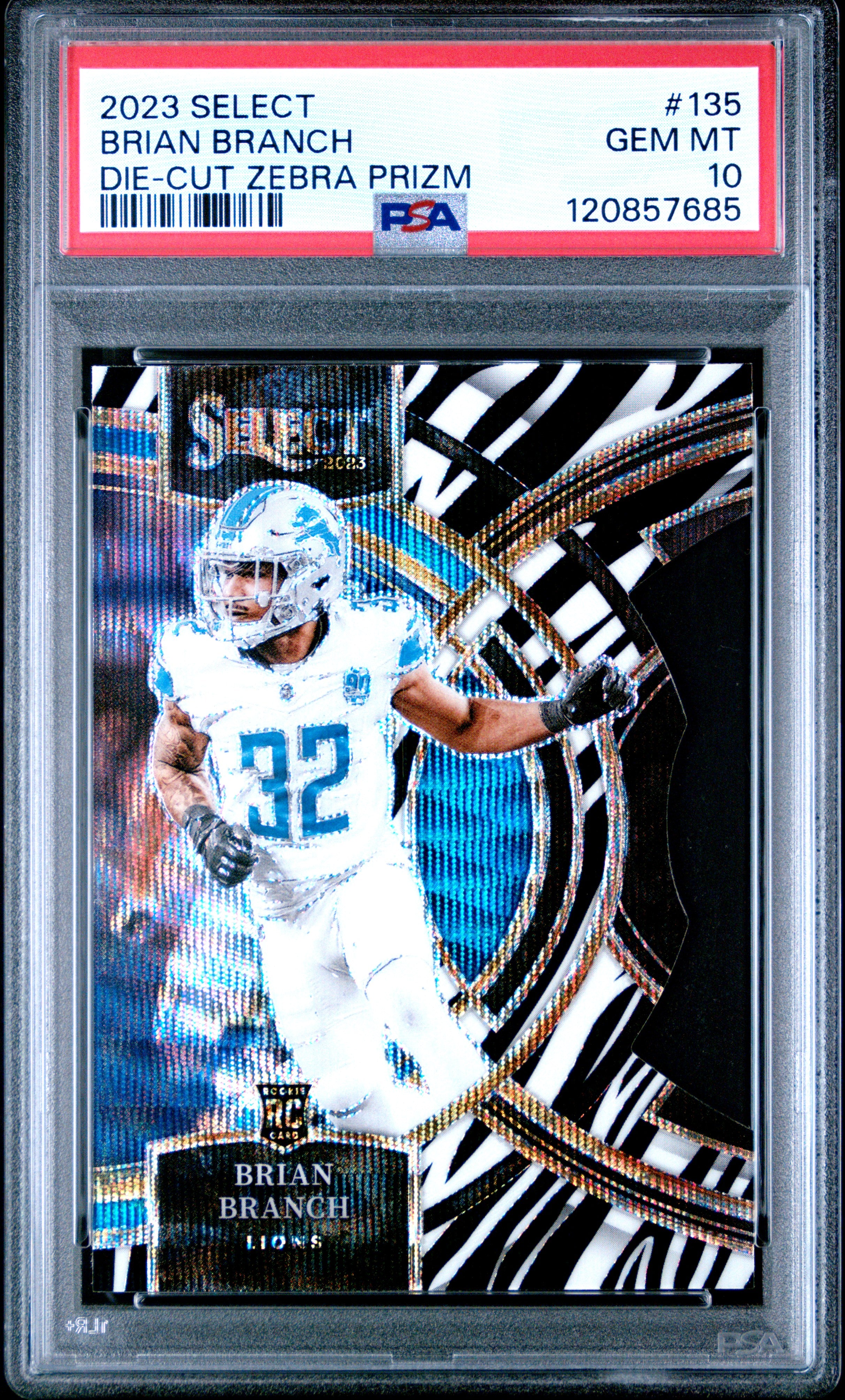 2023 Panini Select #135 Brian Branch Die-Cut Zebra Prizm PSA 10