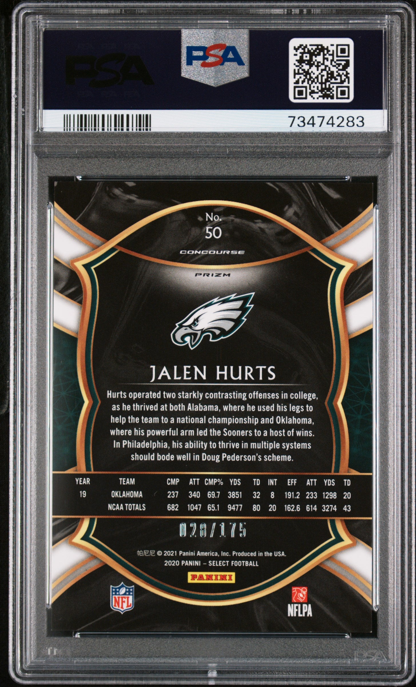 2020 Panini Select #50 Jalen Hurts Blue Prizm PSA 9 Football
