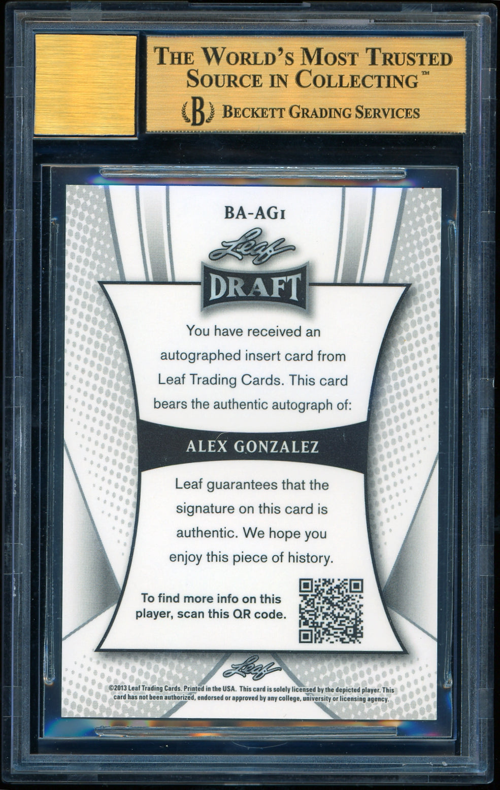 2013 Leaf Metal Draft #AG1 Alex Gonzalez BGS 9.5 Baseball