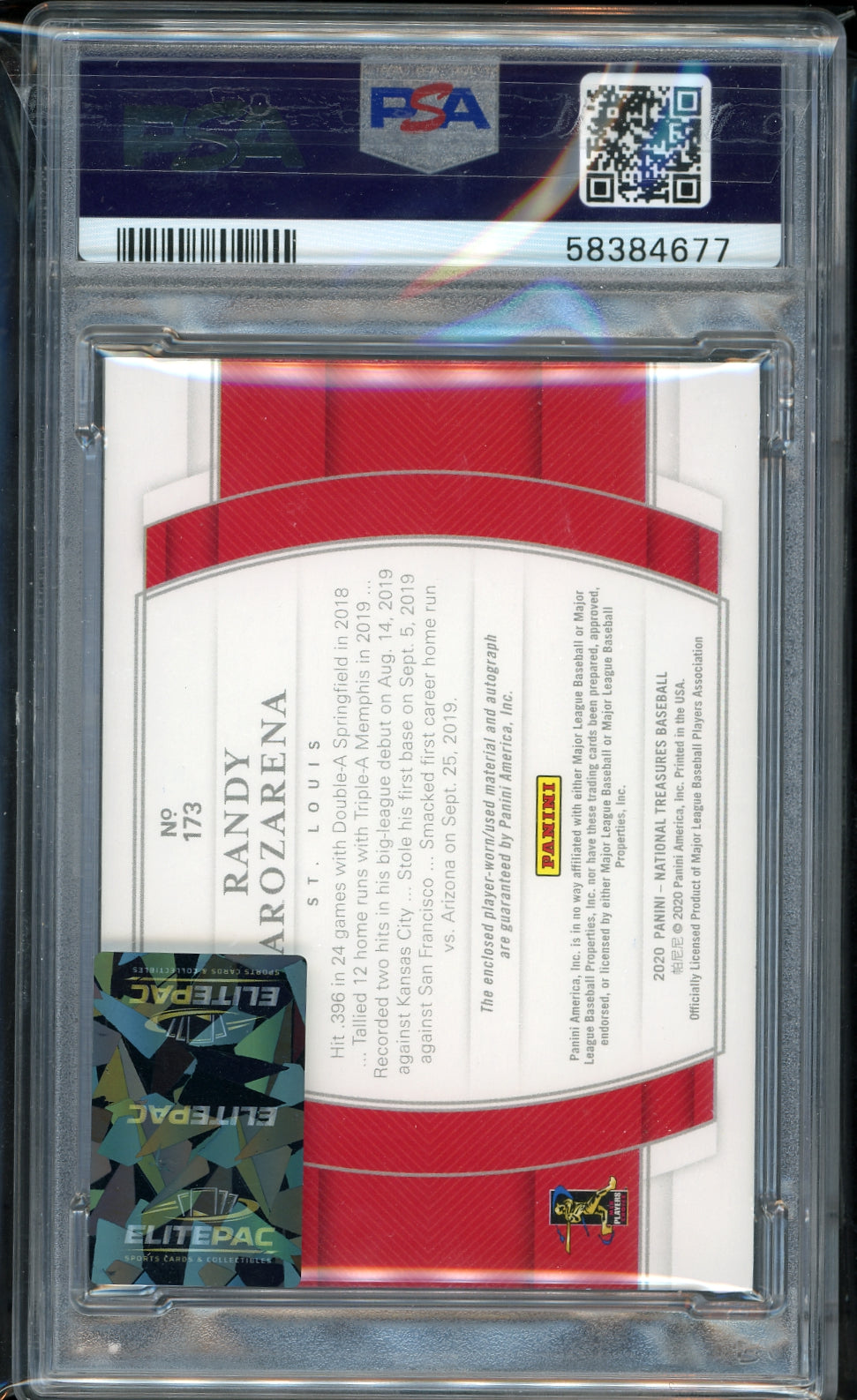 2020 Panini National Treasures #173 Randy Arozarena Material Signature PSA 9