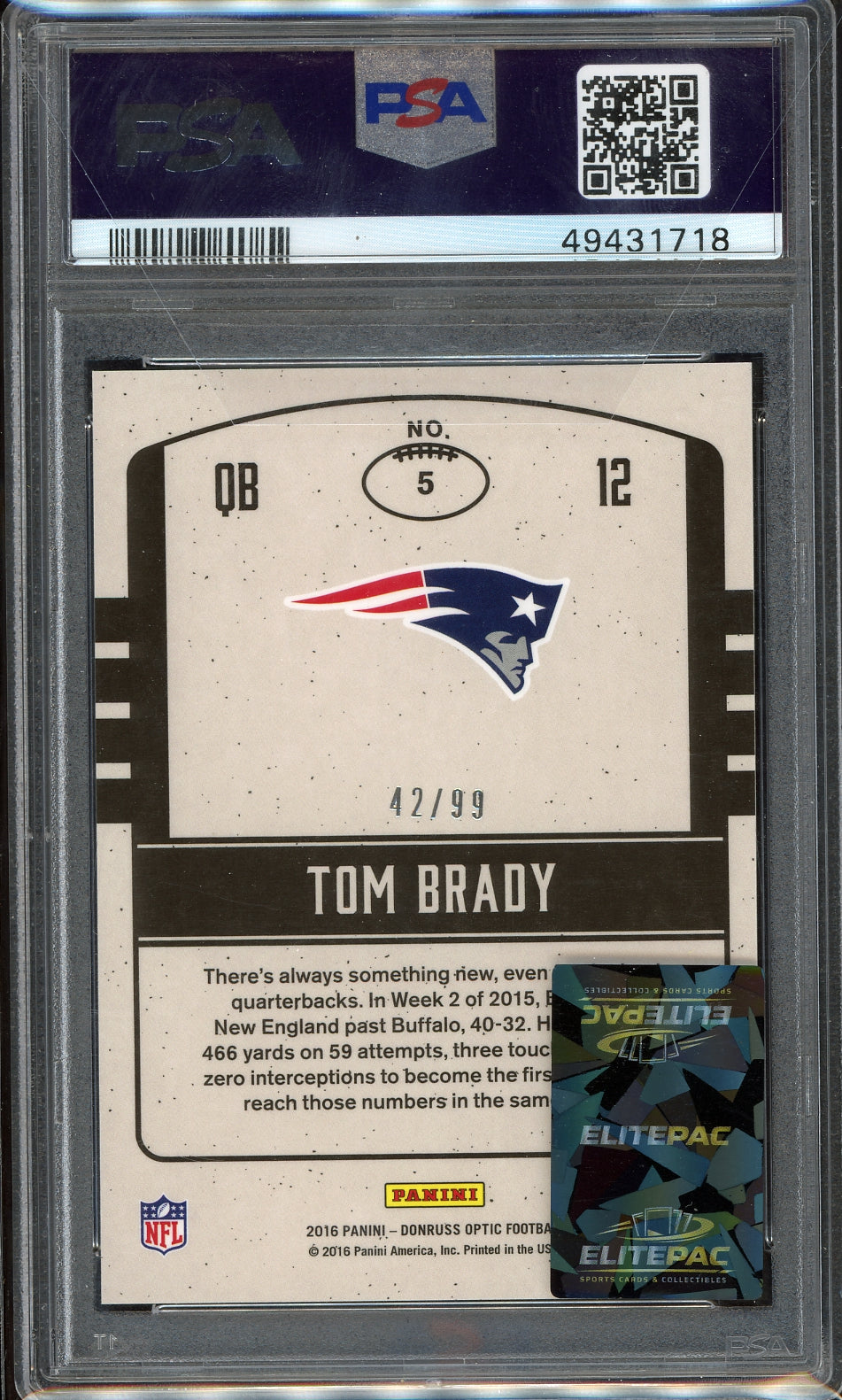 2016 Panini Donruss Optic #5 Tom Brady Legends Of The Fall-Red PSA 9
