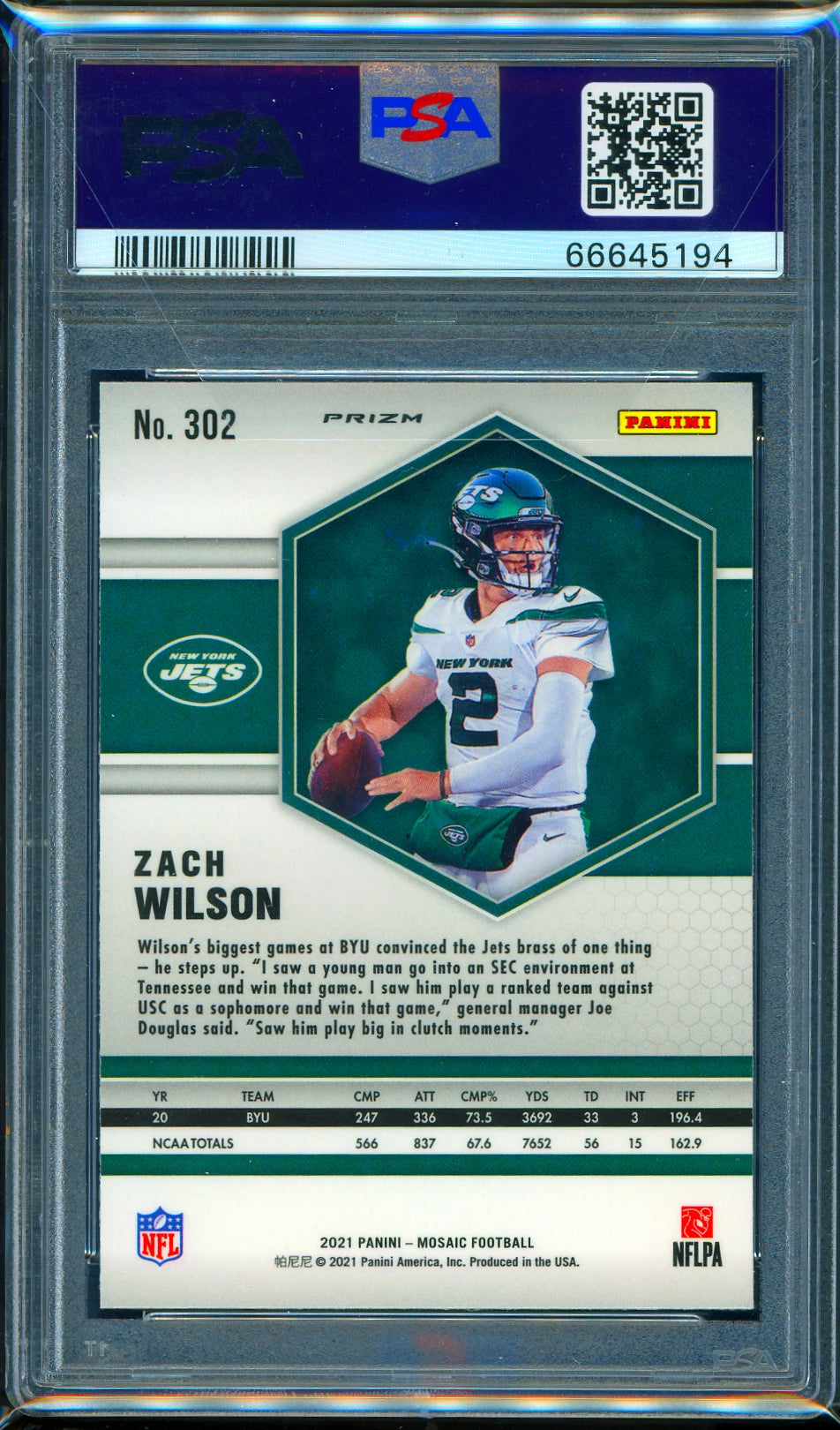 2021 Panini Mosaic #302 Zach Wilson Green Mosaic PSA 10
