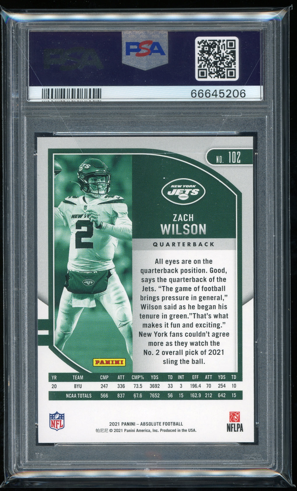 2021 Panini Absolute #102 Zach Wilson PSA 10 Football