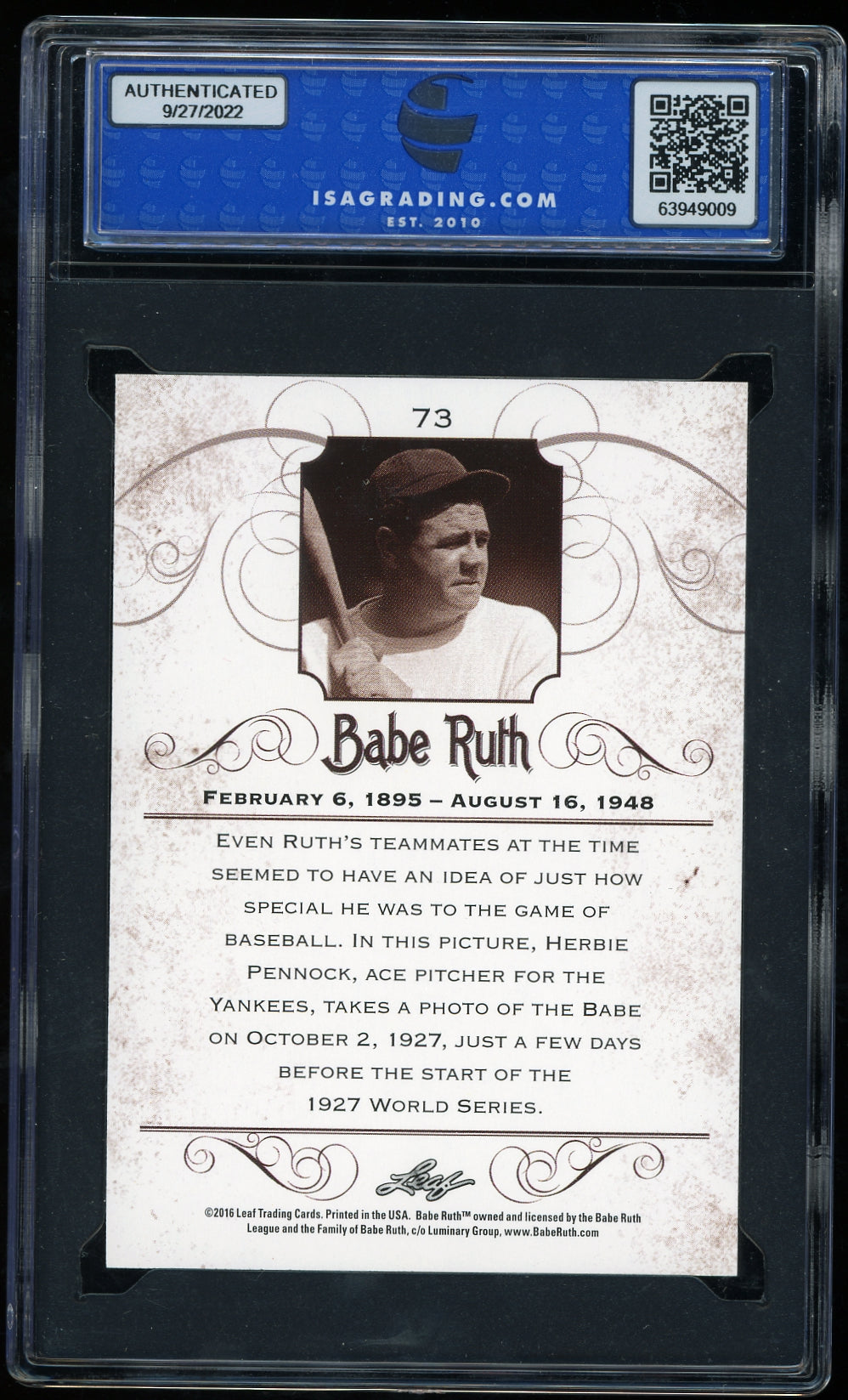 2016 Leaf Babe Ruth Collection #73 Babe Ruth / Herb Pennock Baseball